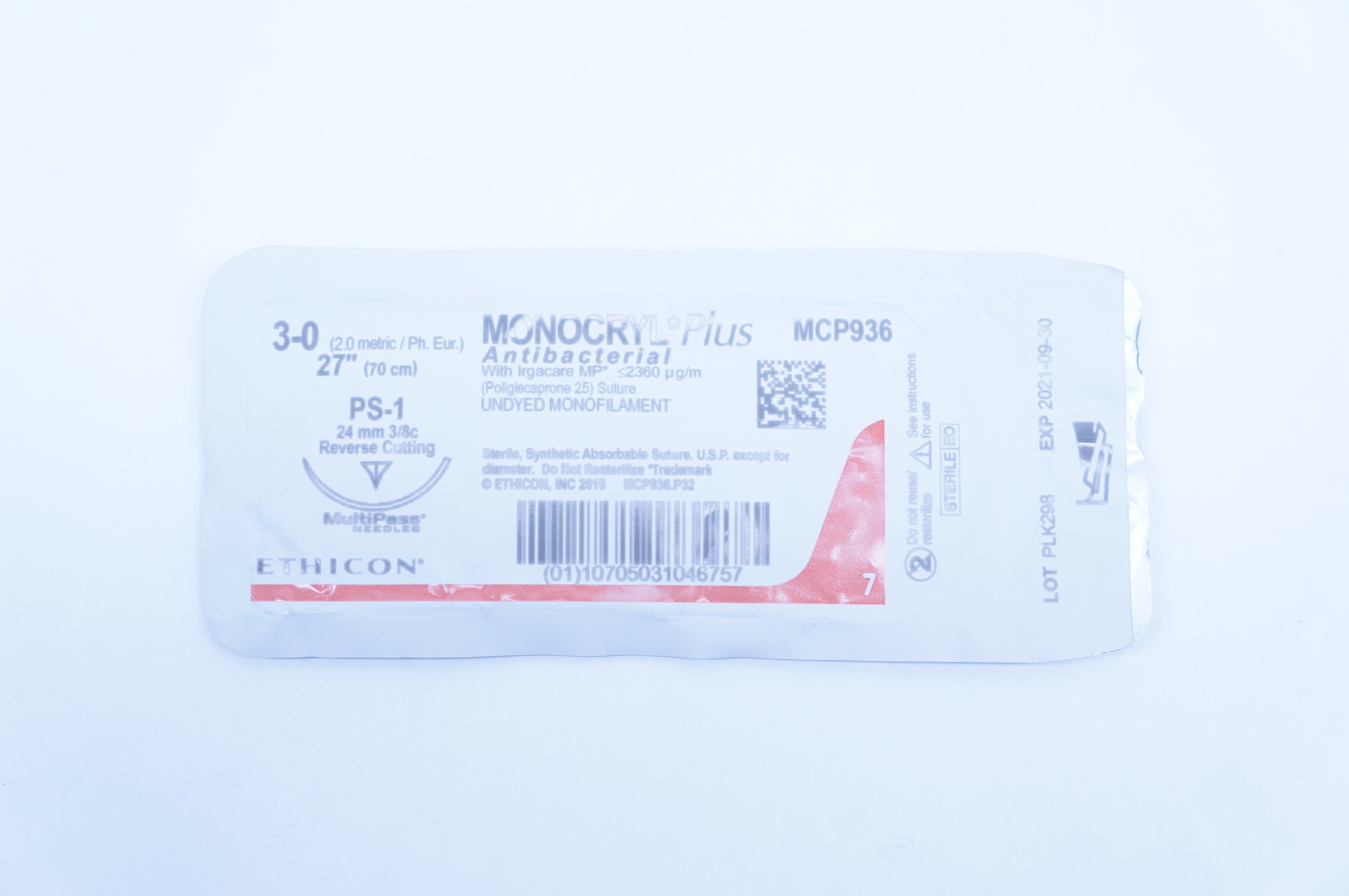 Ethicon MCP936 3-0 Monocryl Plus Stre PS-1 24mm 3/8c Reverse Cutting 27 inch