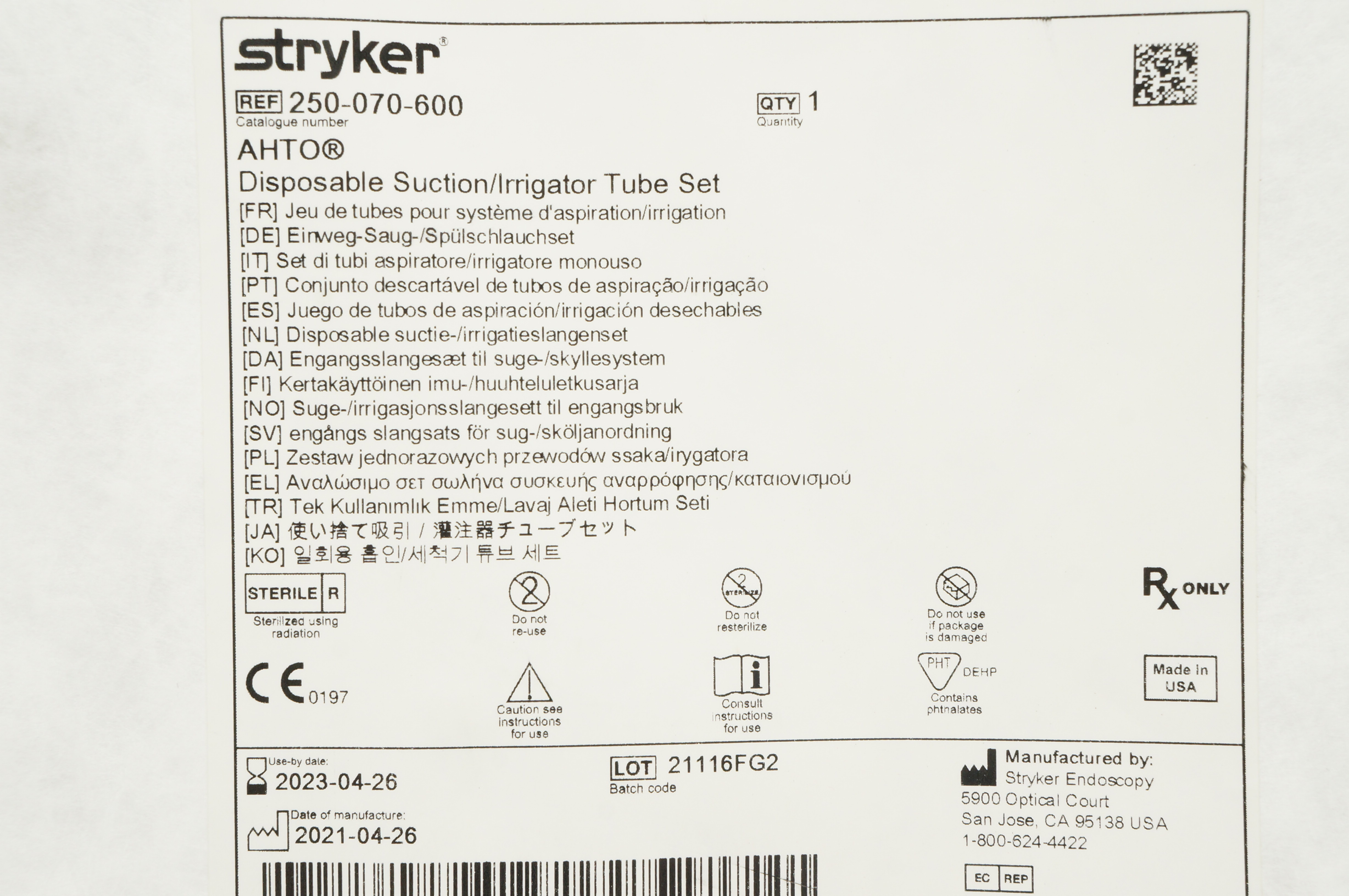 Stryker 250-070-600 AHTO Disposable Suction/Irrigator Tube Set
