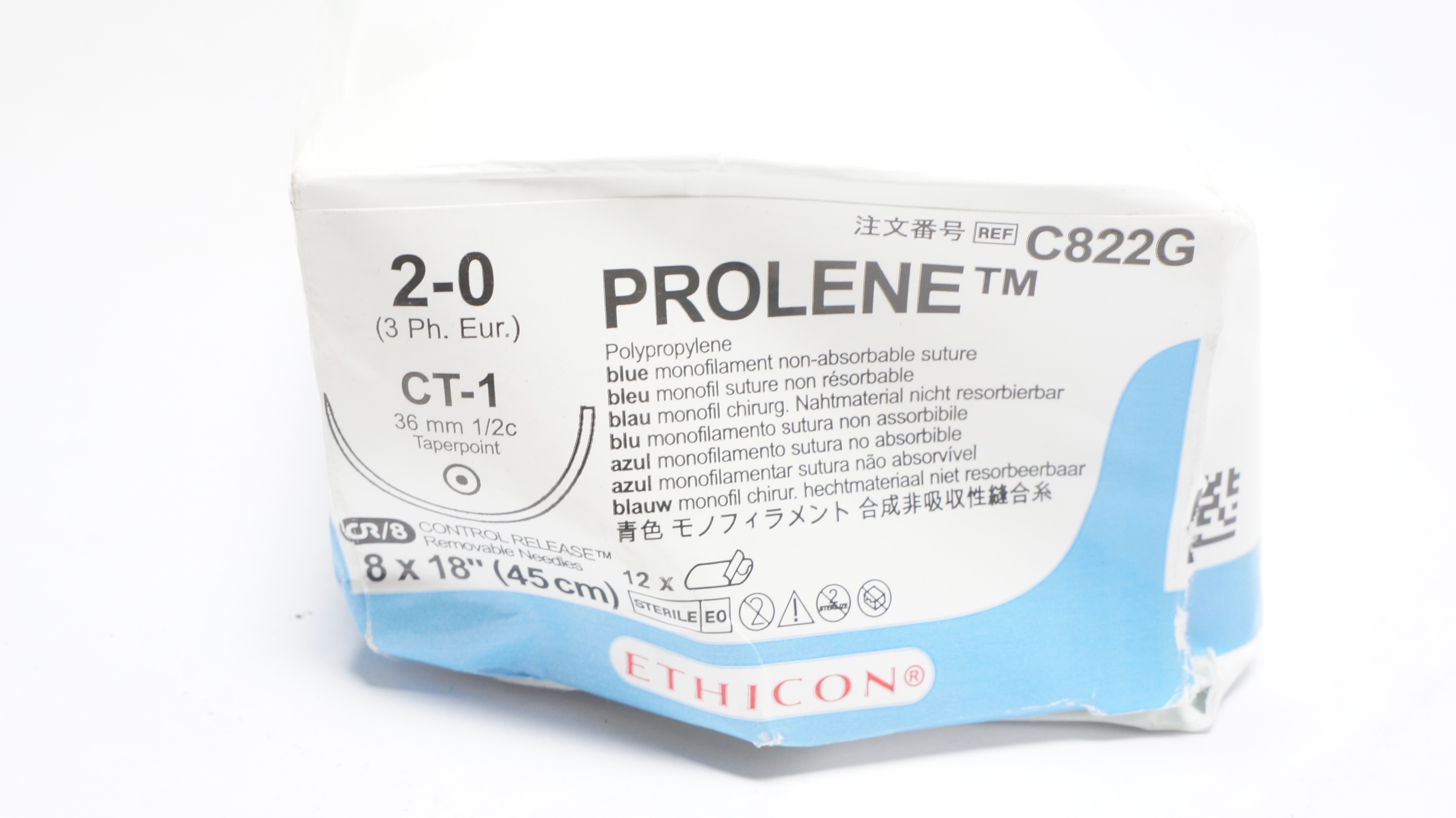 Ethicon C822G 2-0 Prolene Non-absorbable Stre. CT-1 36mm 1/2c,8x18In-Box of12(x)
