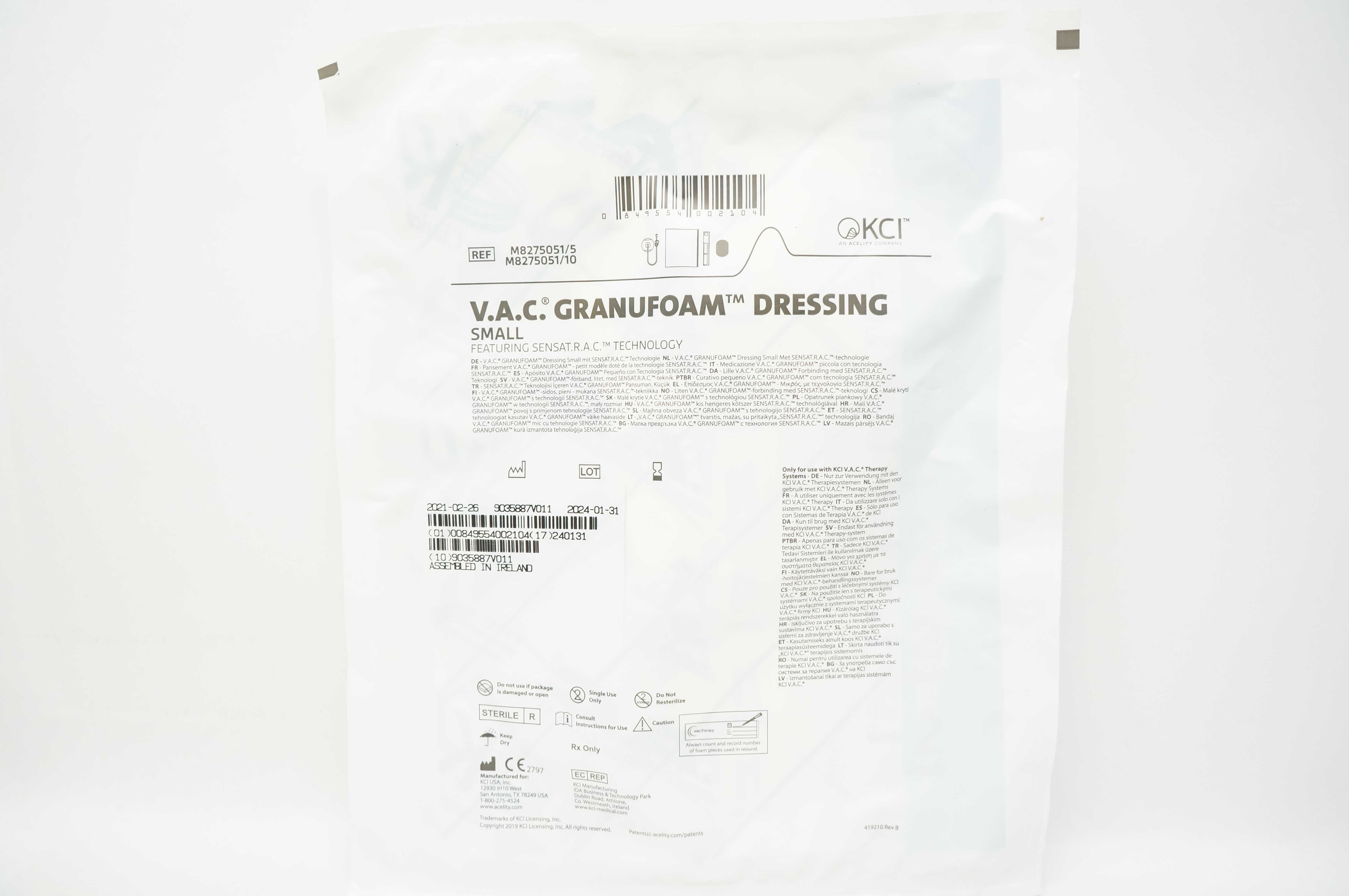 KCI M8275051/5 V.A.C. Granufoam Dressing Featuring SENSAT.R.A.C. Technology S