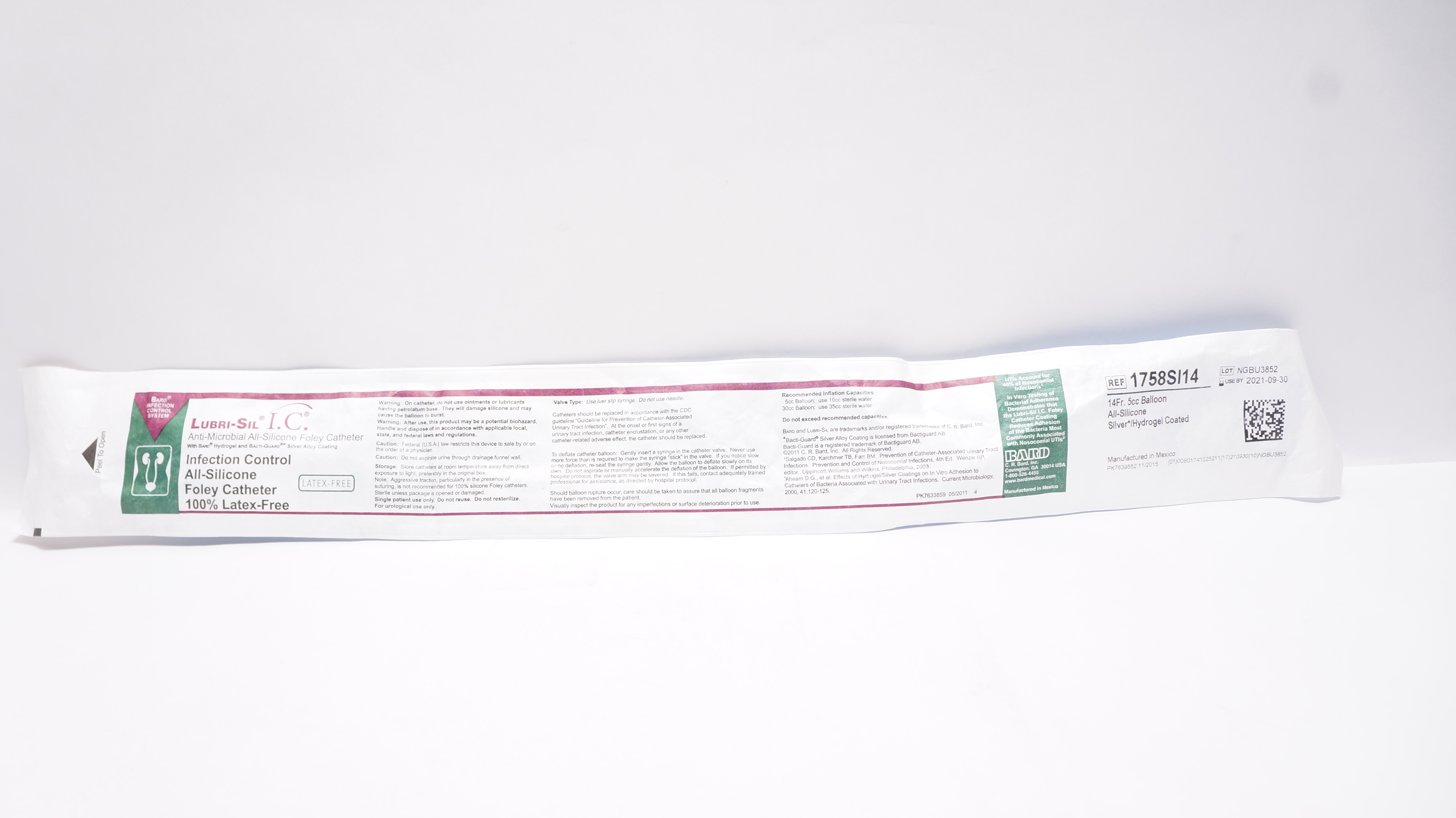 Bard 1758SI14 Lubri-Sil I.C. Anti-Microbial All-Silicone Foley Cath. 14Fr (x)