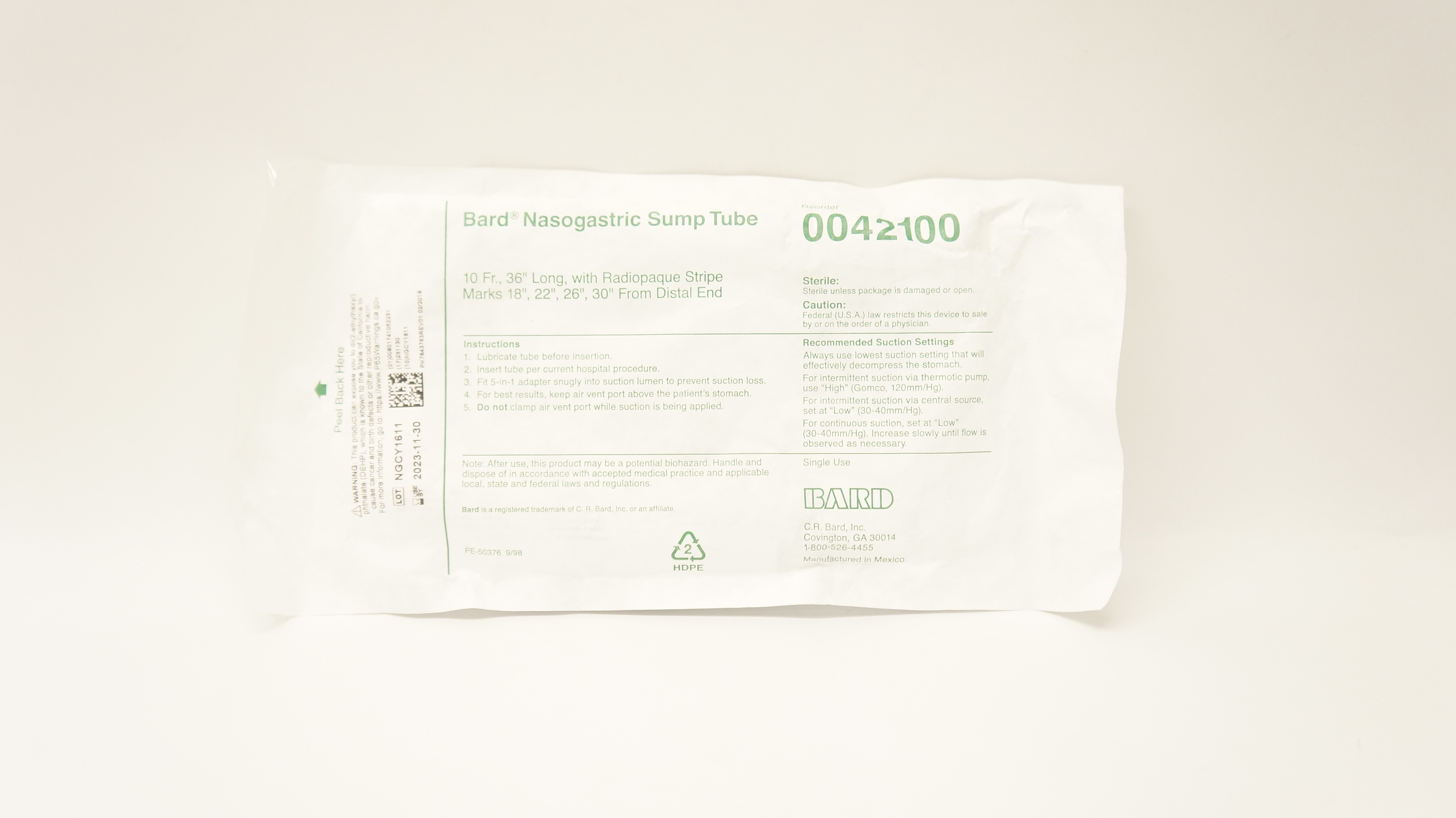 Bard 0042100 Nasogastric Sump Tube 10Fr x 36inch