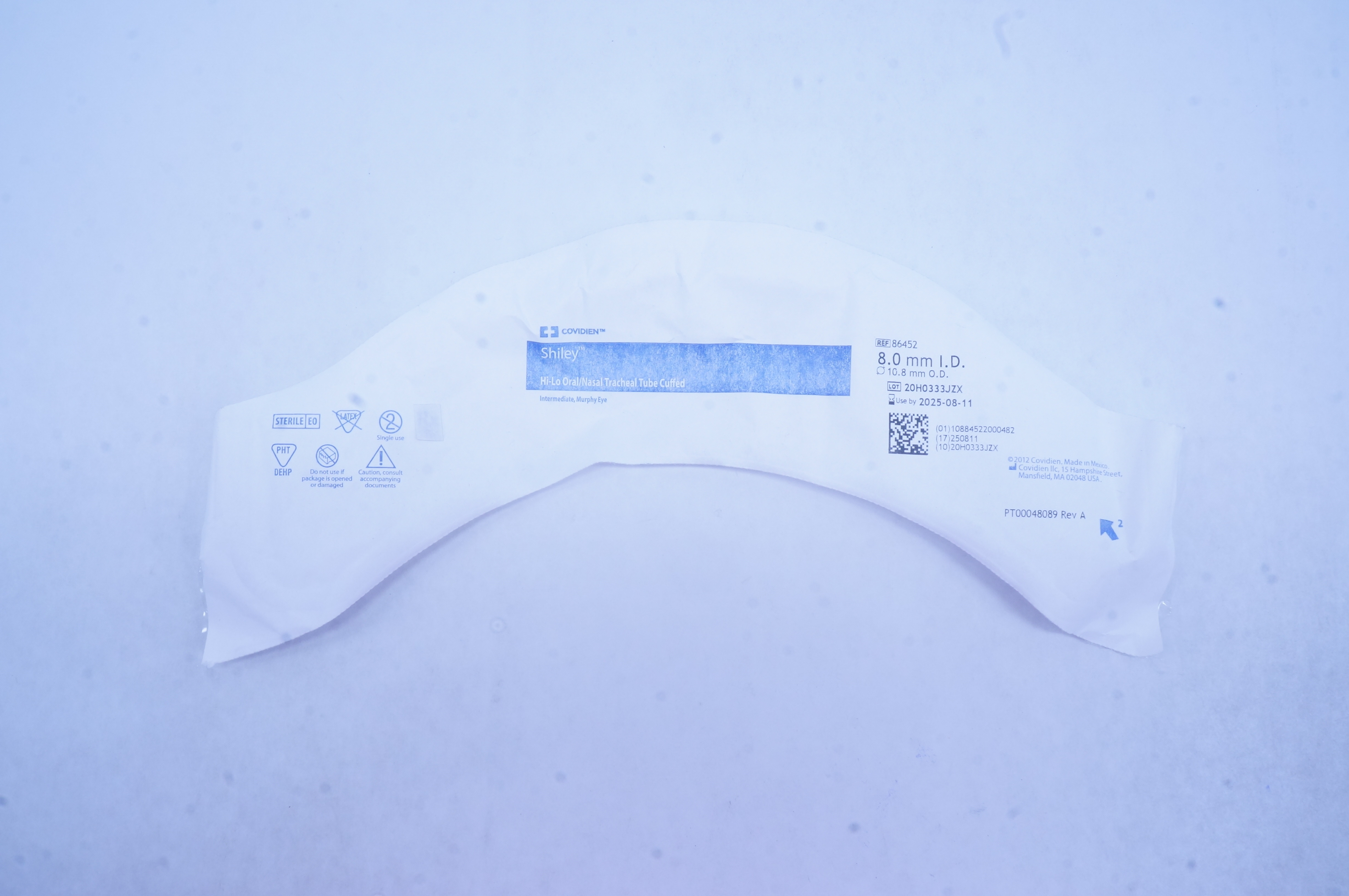 Covidien 86452 Shiley Hi-Lo Oral/Nasal Tracheal Tube Cuffed 8.0mm x 10.8mm