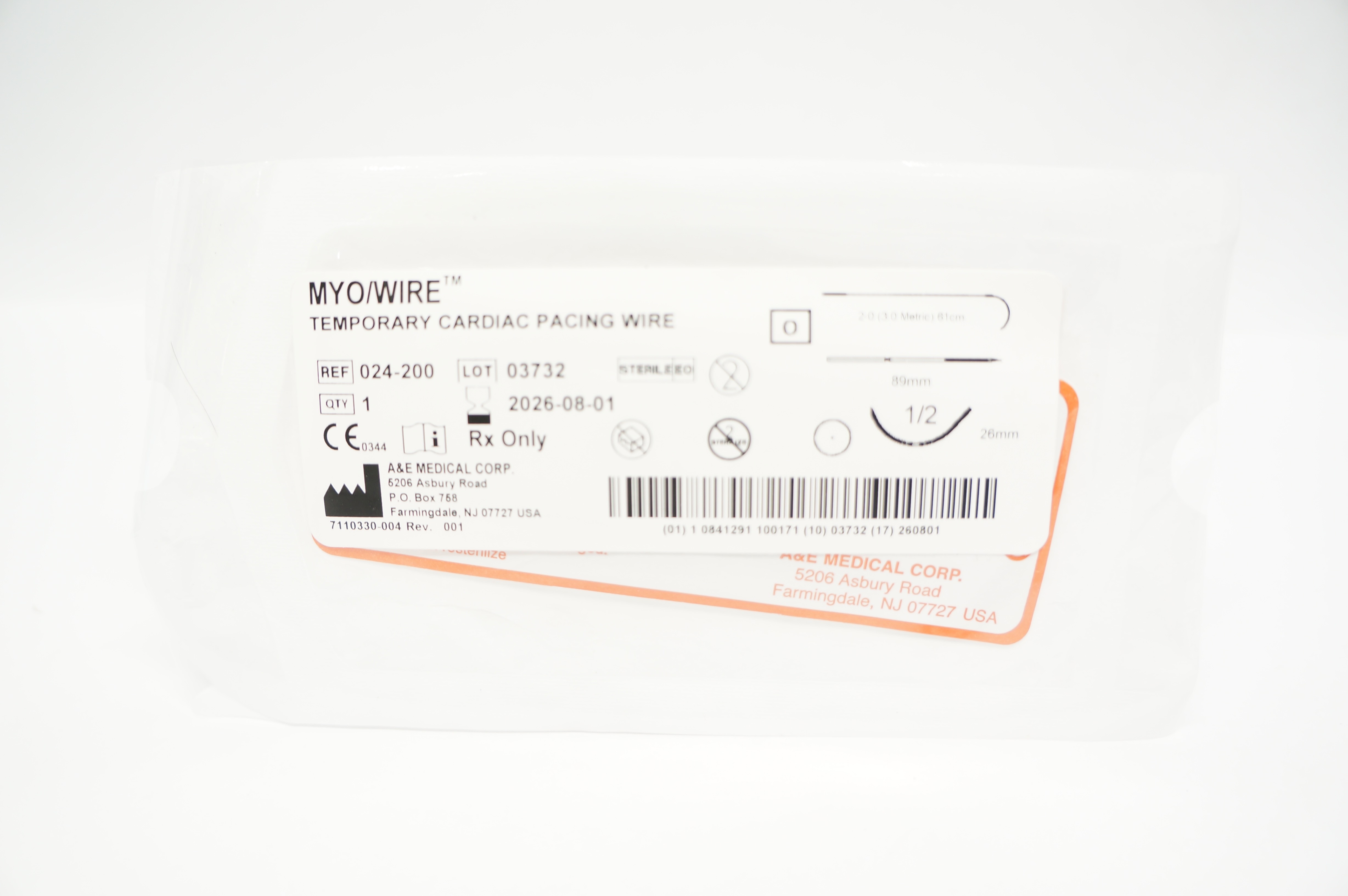 A&E Medical 024-200 2.0 Myo/Wire Temporary Cardiac Pacing Wire 1/2 26 x89mmx61cm