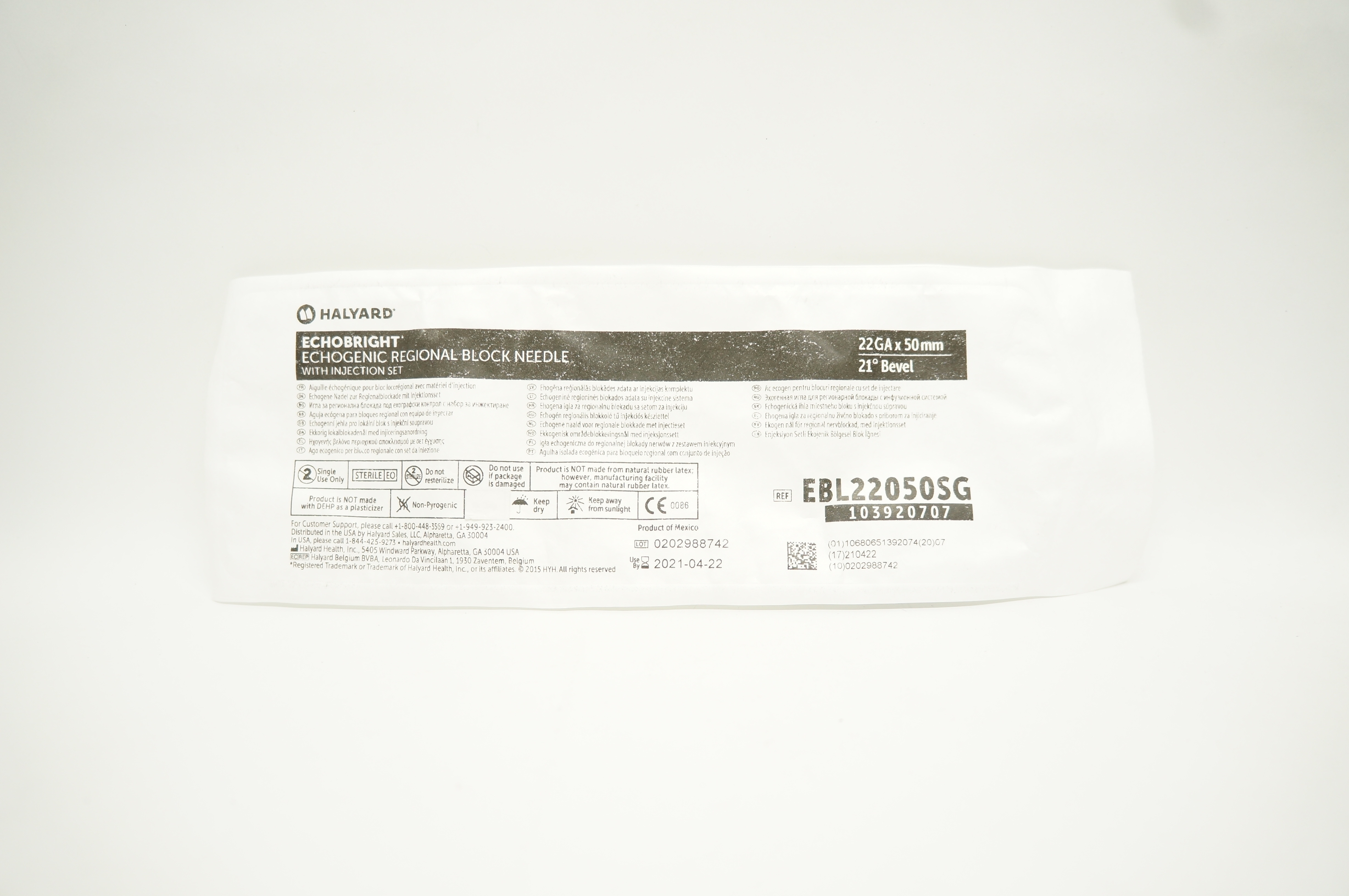 Halyard EBL22050SG EchoBright Echogenic Regional Block Ndle 22Ga x 50mm (x)