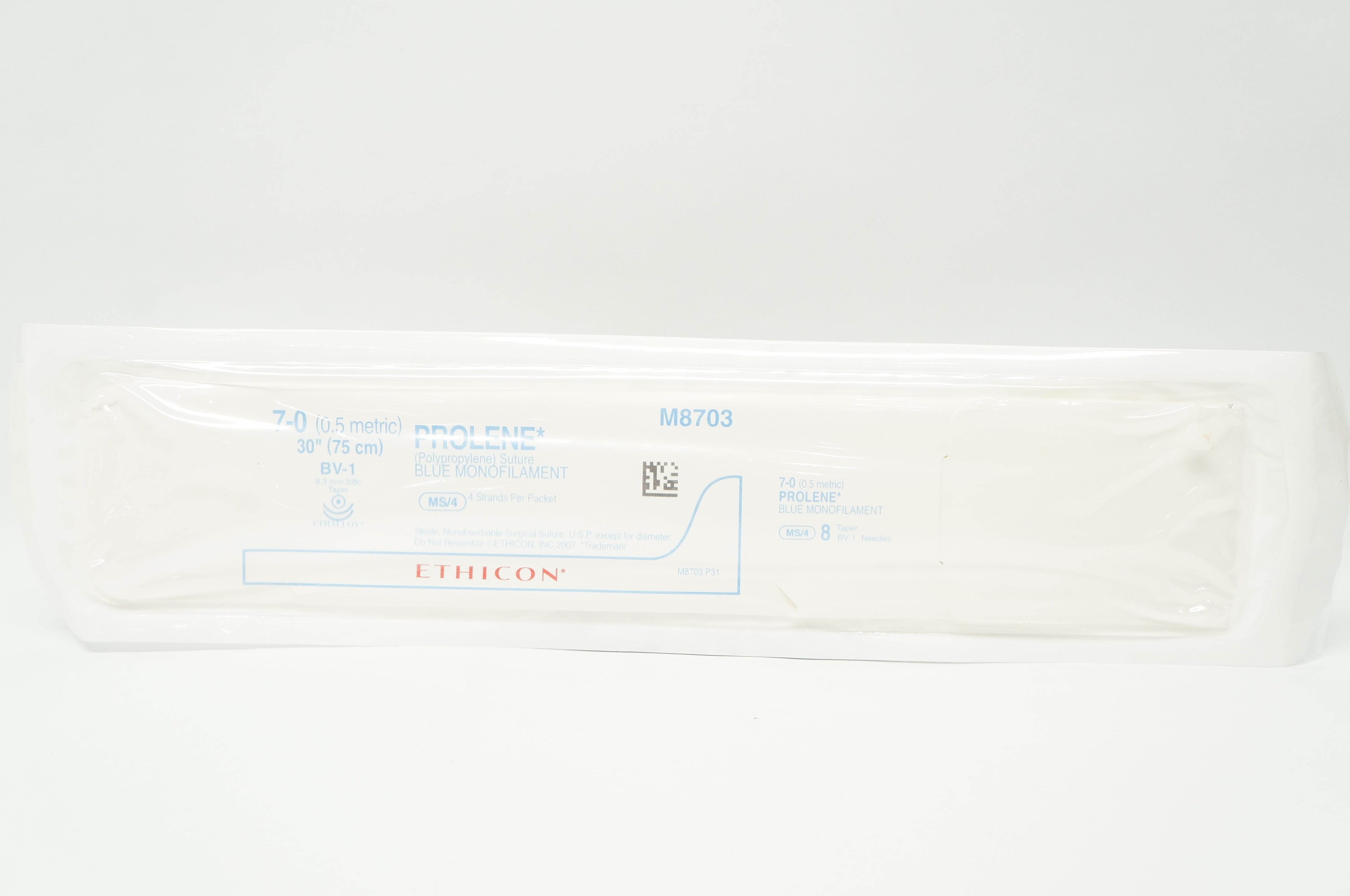 Ethicon M8703 7-0 PROLENE, BV-1 9.3mm 3/8c Taper, Blue Monofilament, 30inch