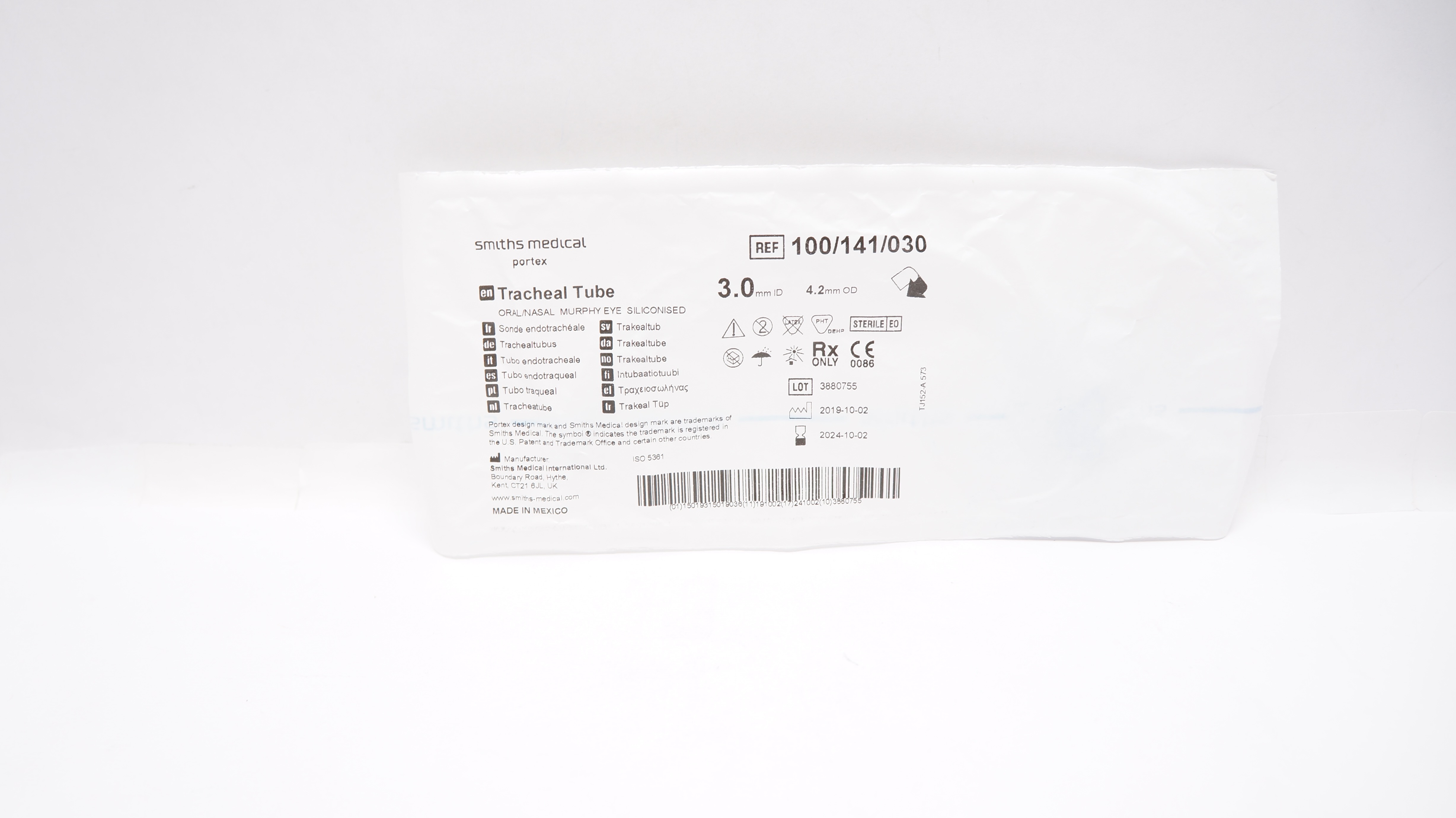 Smiths Medical 100/141/030 Portex oral/Nasal Tracheal Tube 3.0mm ID x 4.2mm OD