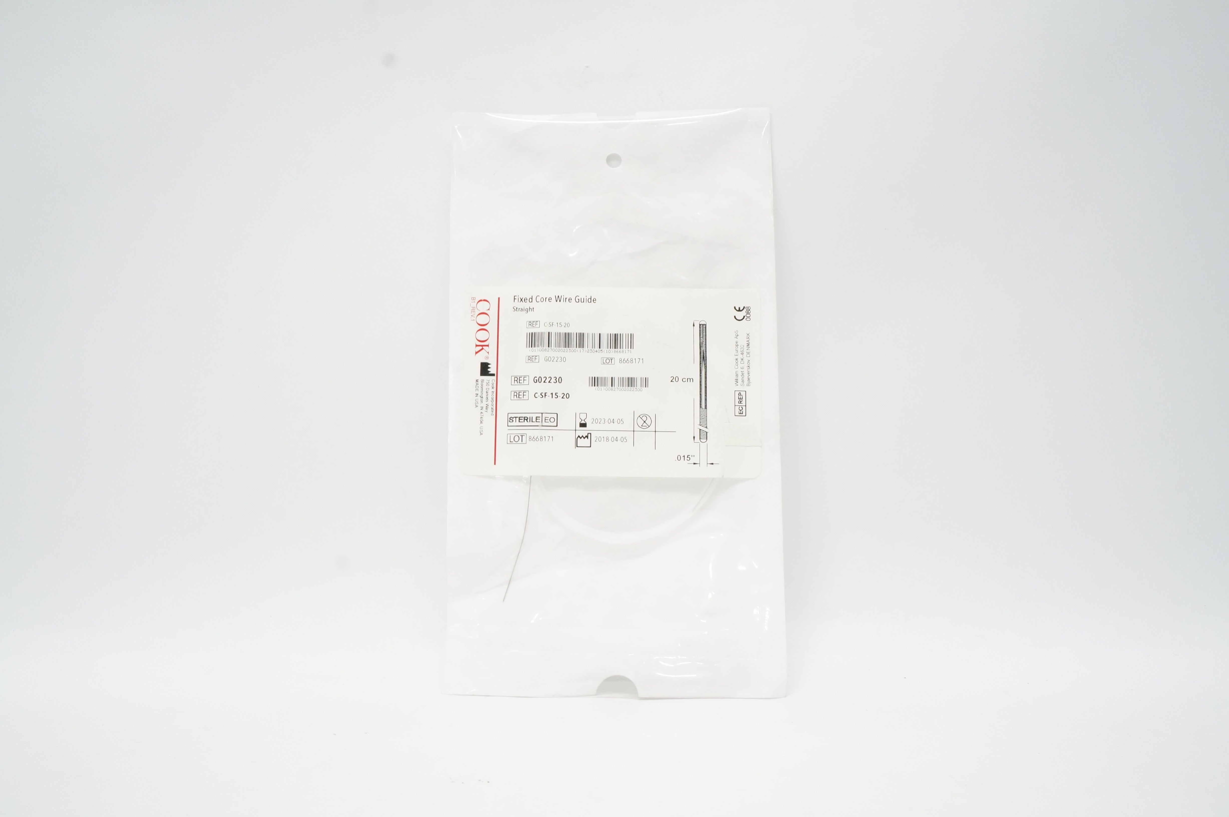 Cook Medical G02230 Fixed Core Wire Guide Straight  20cm x  .015 inch