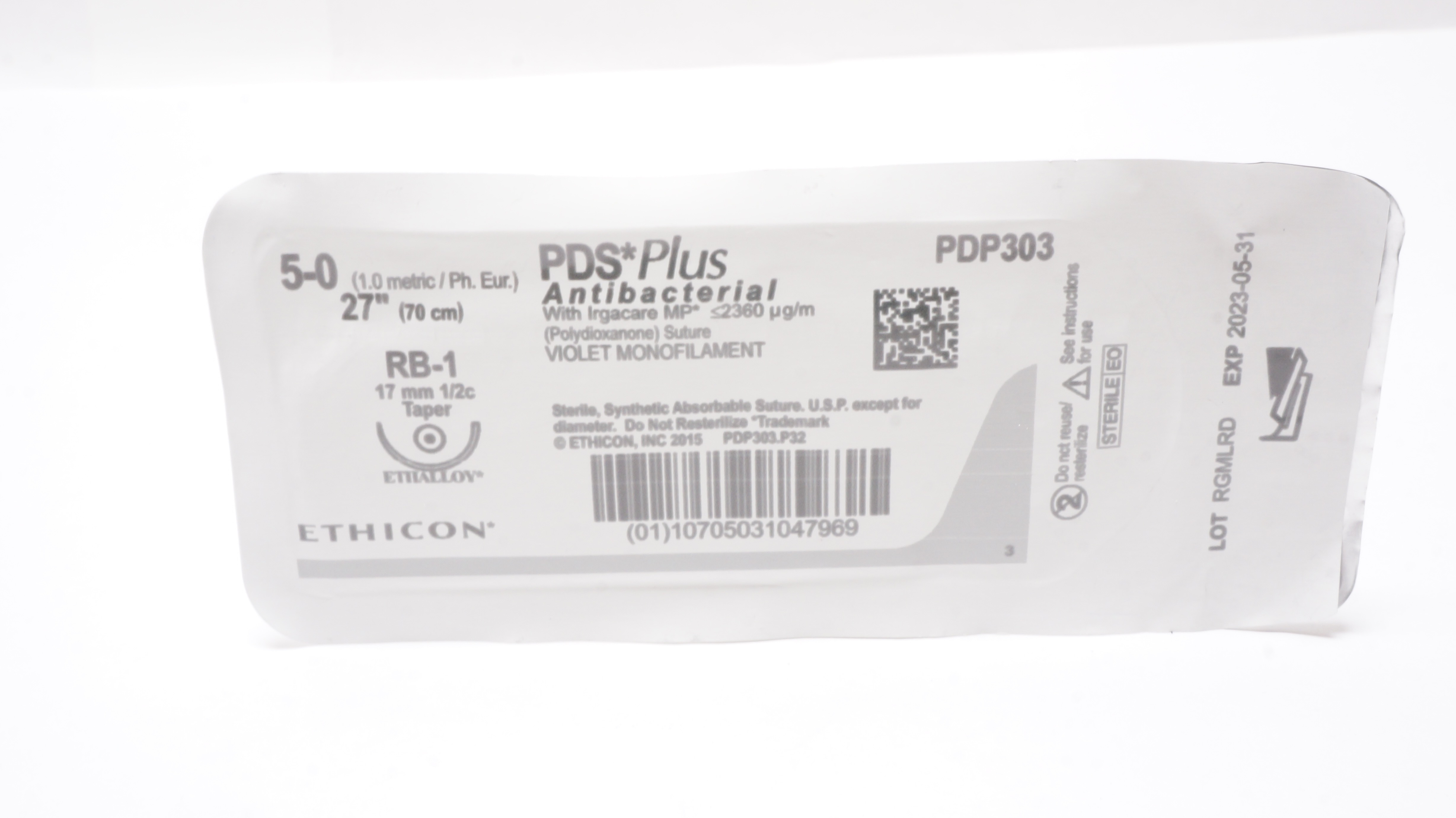 Ethicon PDP303 PDS Plus 5-0 Violet Monofilament RB-1, 17mm 1/2c Taper, 27inch(x)