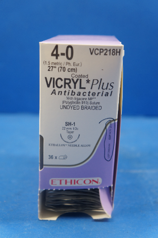 Ethicon VCP218H 4-0 VICRYL Plus, SH-1 22m 1/2c Taper, Undyed Braided, 27 - Box of 36