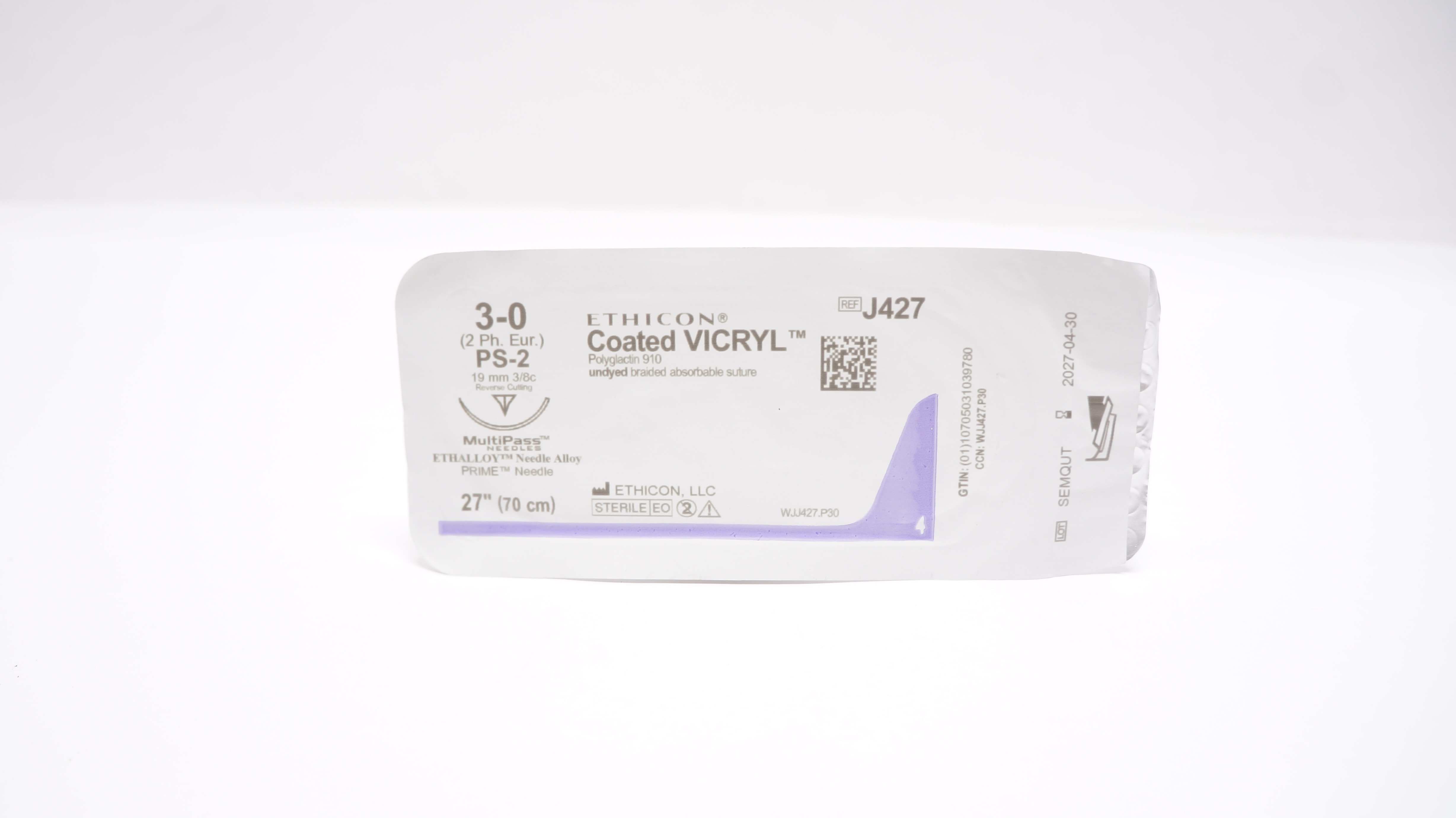 Ethicon J427 3-0 Coated VICRYL, PS-2, 19mm 3/8c Reverse Cutting, 27inch