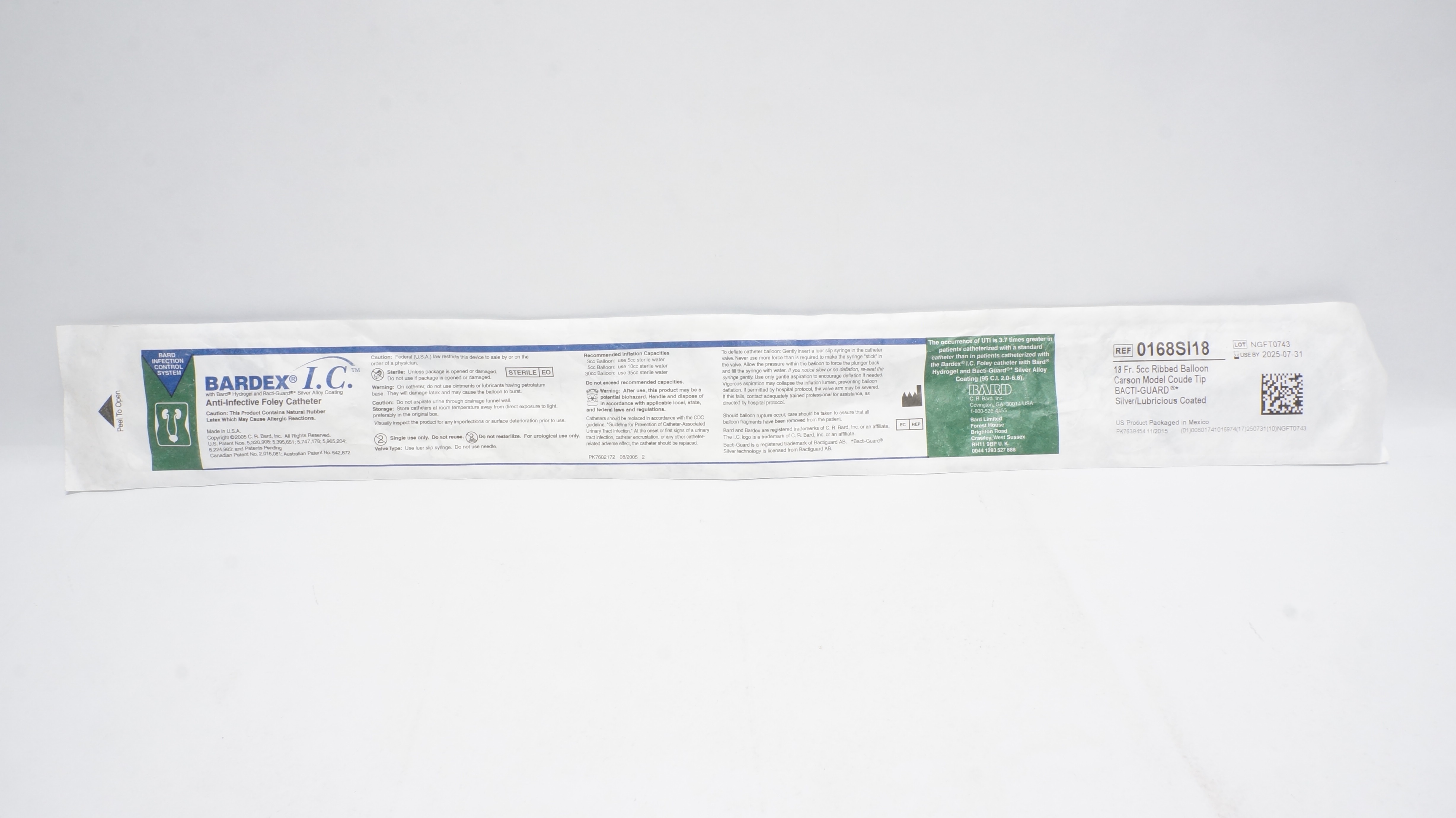 Bard 0168SI18 Bardex I.C. Anti-Infective Foley Cath. 18Fr Ribbed 5cc Balloon (x)