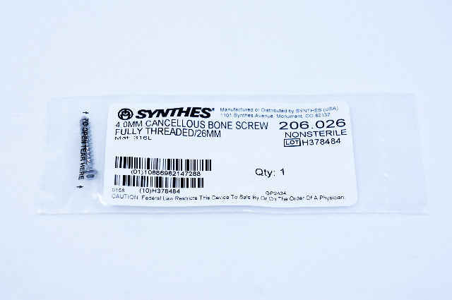 Synthes 206.026 4.0mm Cancellous Bone Screw Fully Threaded/26mm