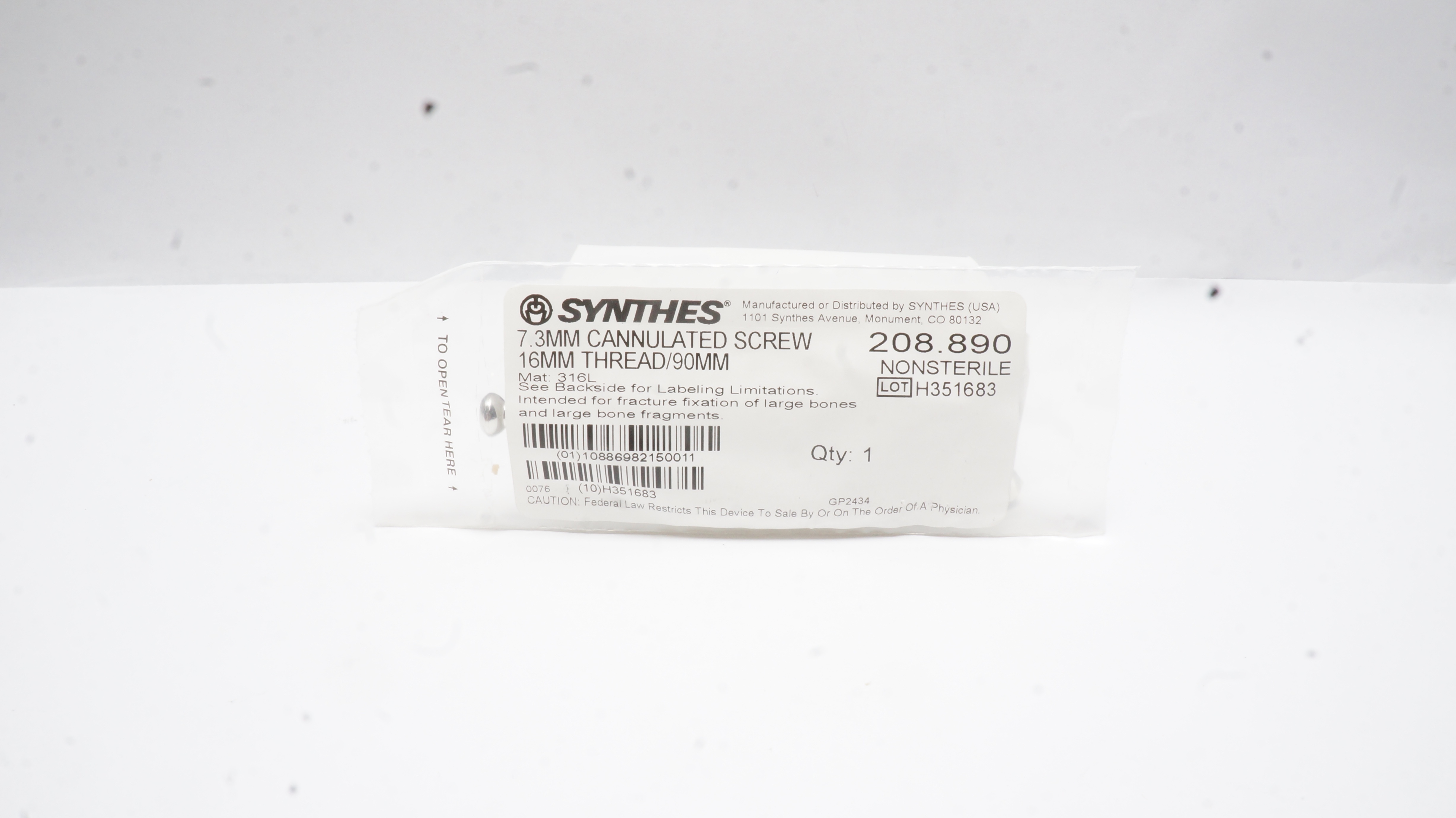 Synthes 208.890 7.3mm Cannulated Screw 16mm Thread/90mm