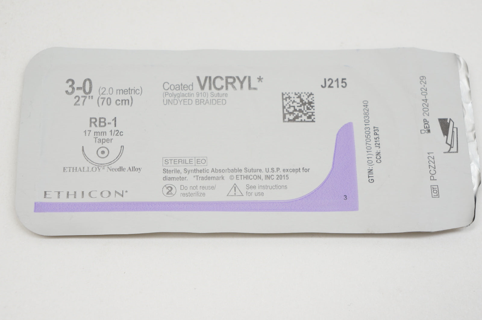Ethicon J215 3-0 Coated VICRYL Polyglactin Stre RB-1, 17mm 1/2c Taper, 27inch