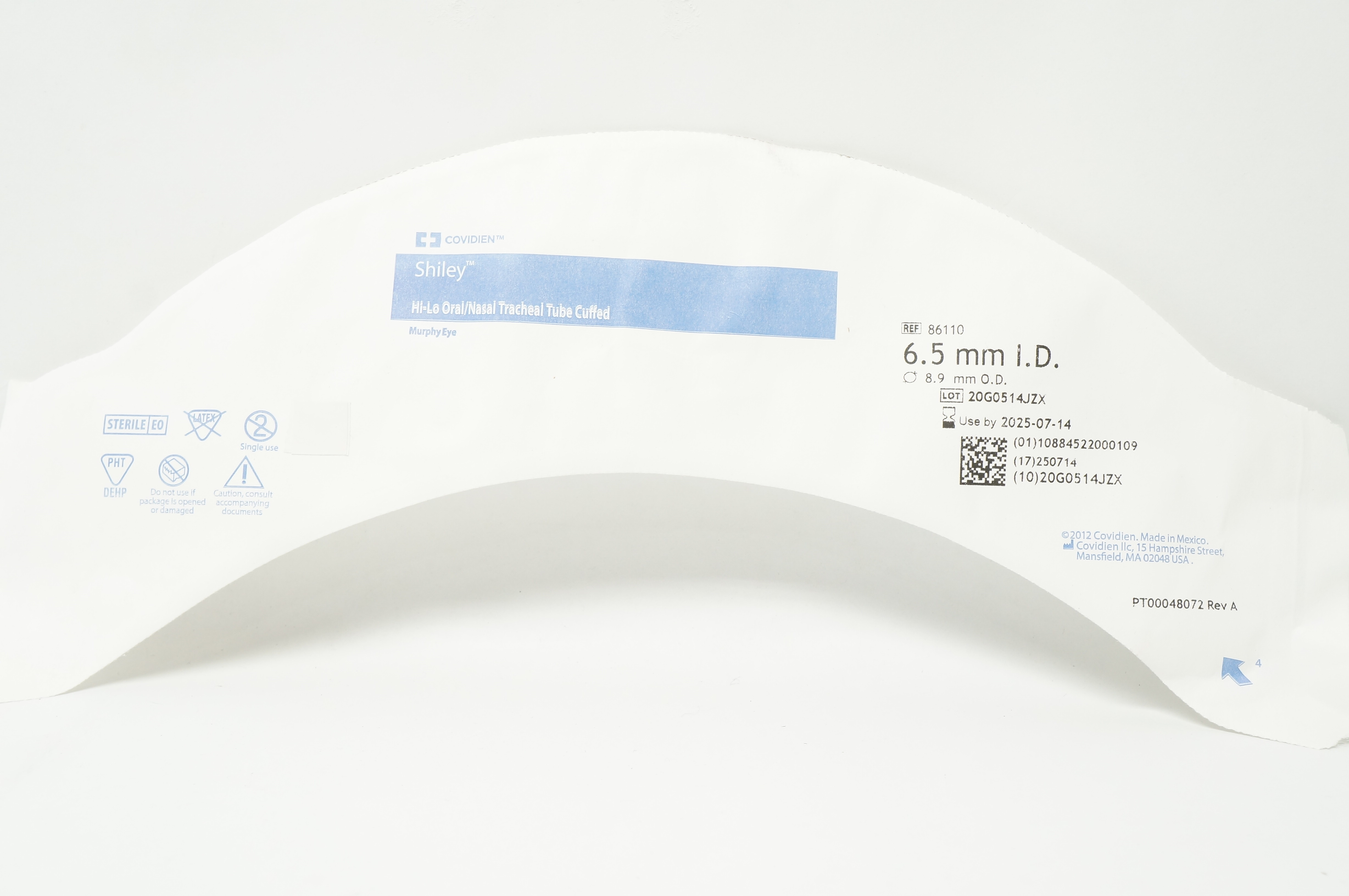 Covidien 86110 Shiley Hi-Lo Oral/Nasal Tracheal Tube Cuffed 6.5mm ID x 8.9mm OD