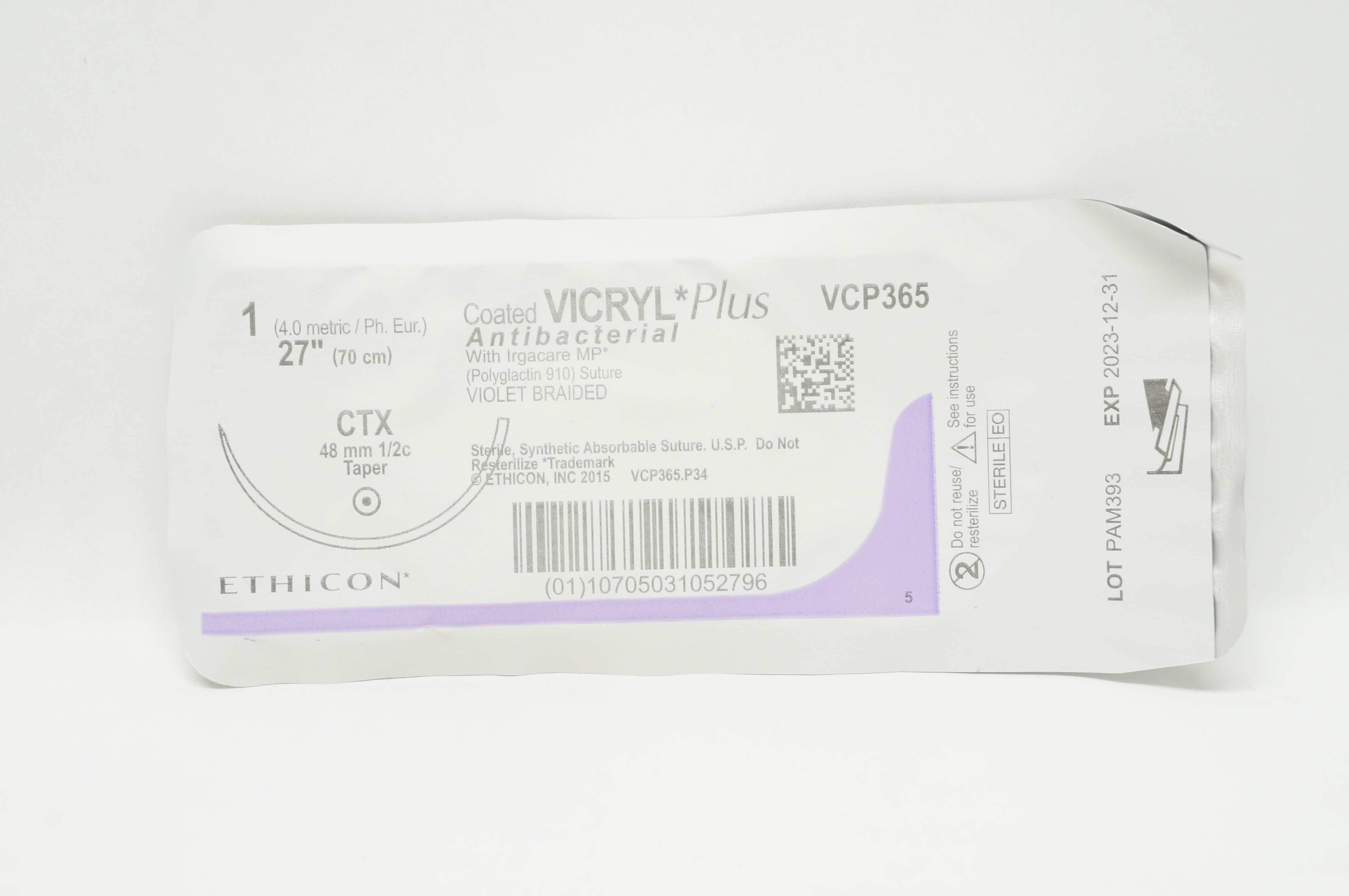 Ethicon VCP365 1 Coated VICRYL Plus Stre CTX 48mm 1/2c Taper, 27inch