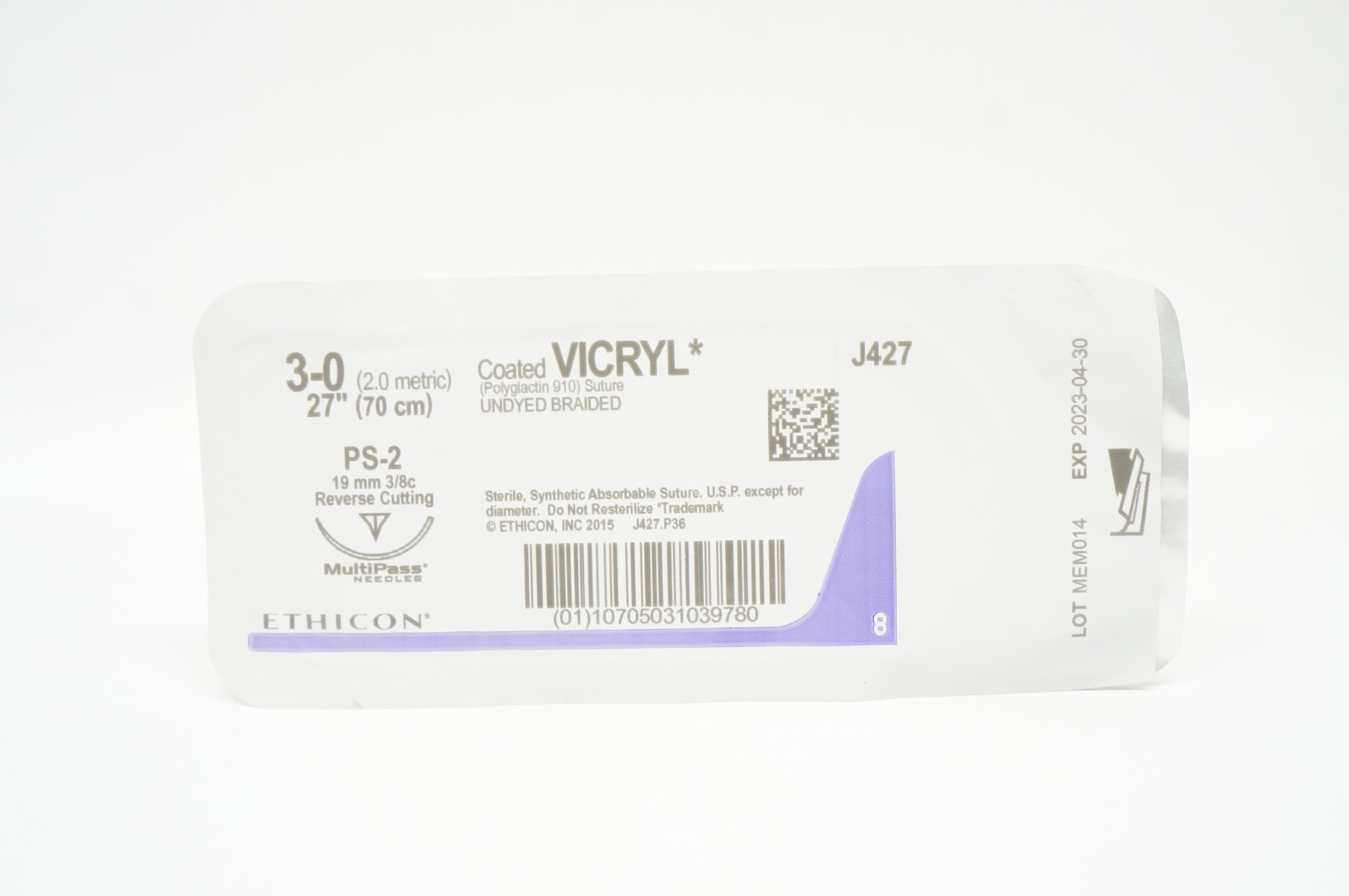 Ethicon J427 3-0 Coated VICRYL PS-2 19mm 3/8c Reverse Cutting 27inch (x)
