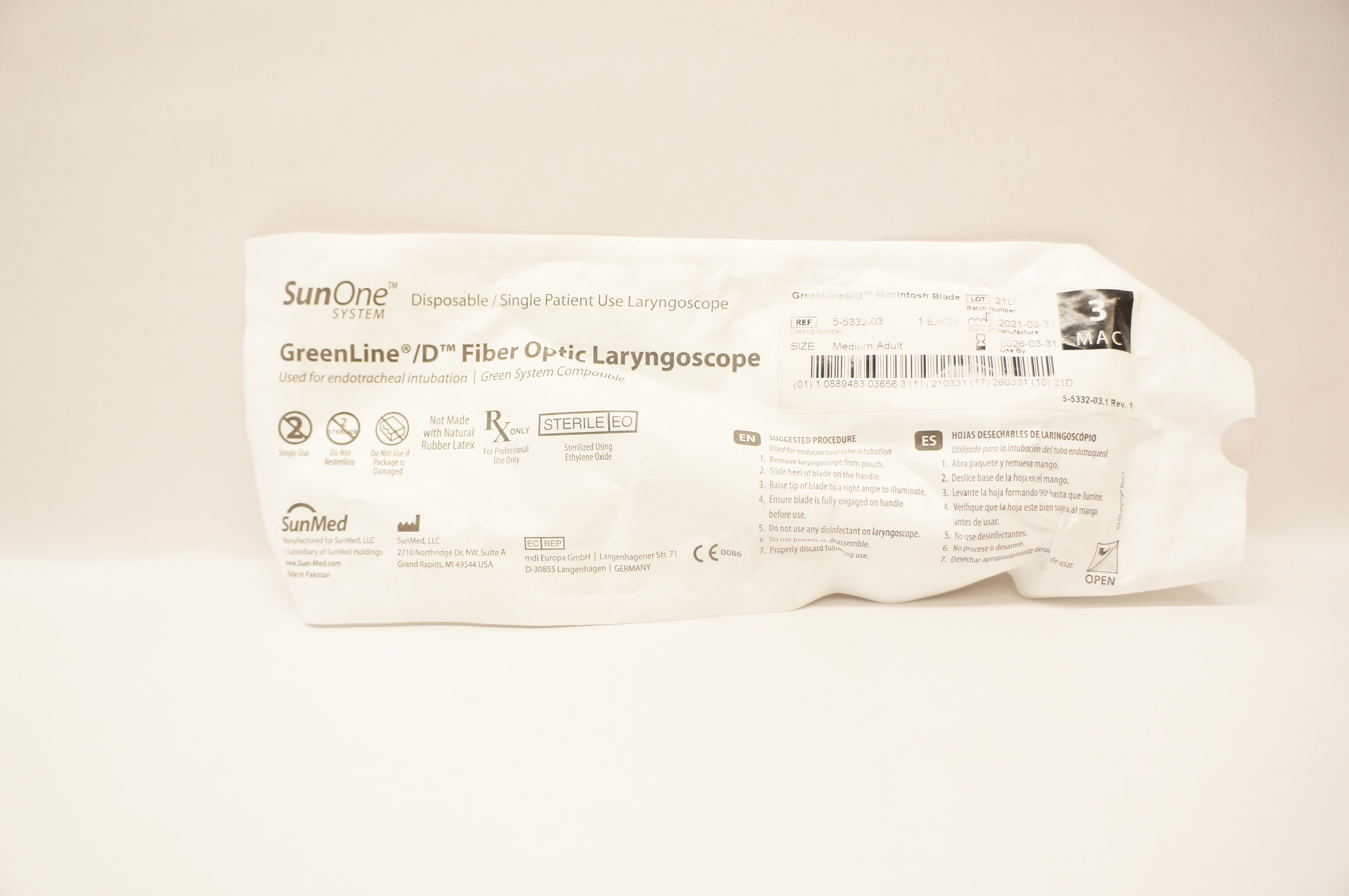SunMed 5-5332-03 GreenLine/D, Fiber Optic Laryngoscope Blade, Size 3MAC
