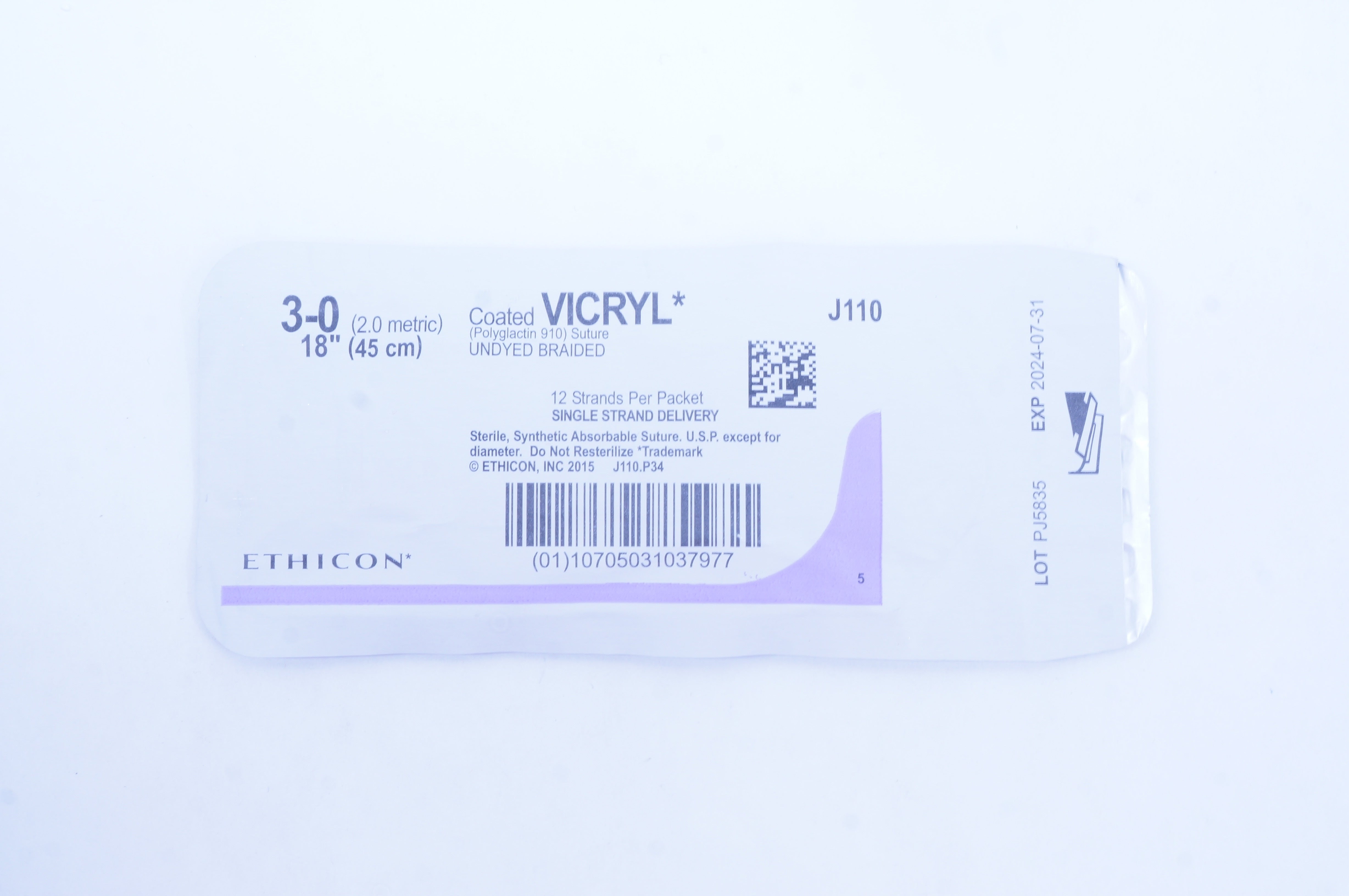 Ethicon J110 3-0 Coated VICRYL (Polyglactin 910) Stre, 18 inch 12 Strands