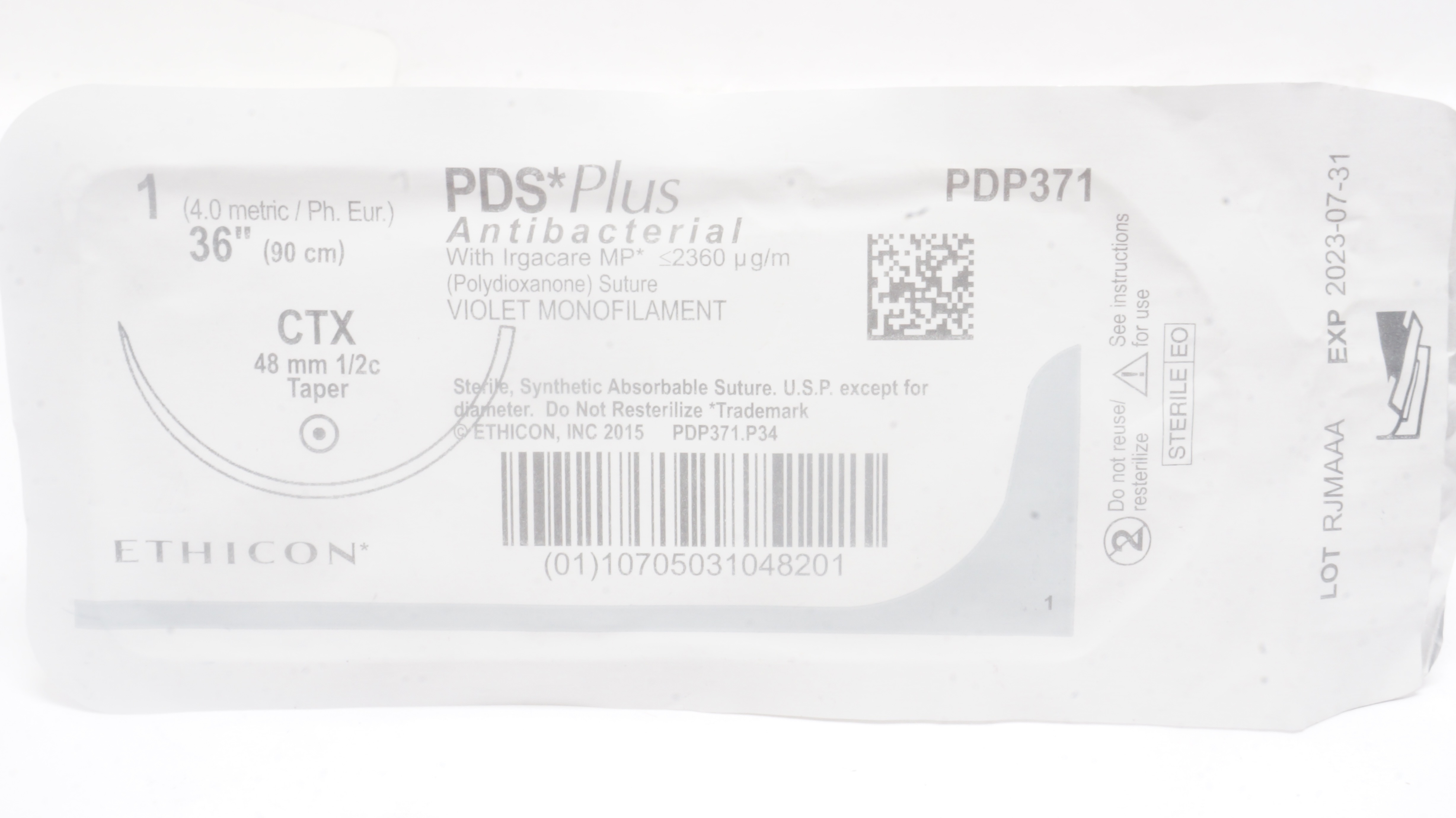 Ethicon PDP371 1 PDS Plus Antibacterial Stre CTX 48mm 1/2c Taper, 36inch (x)