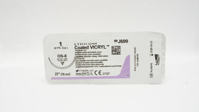 Ethicon J699 1 Coated VICRYL Stre, OS-8 40mm 1/2c Reverse Cutting 27inch