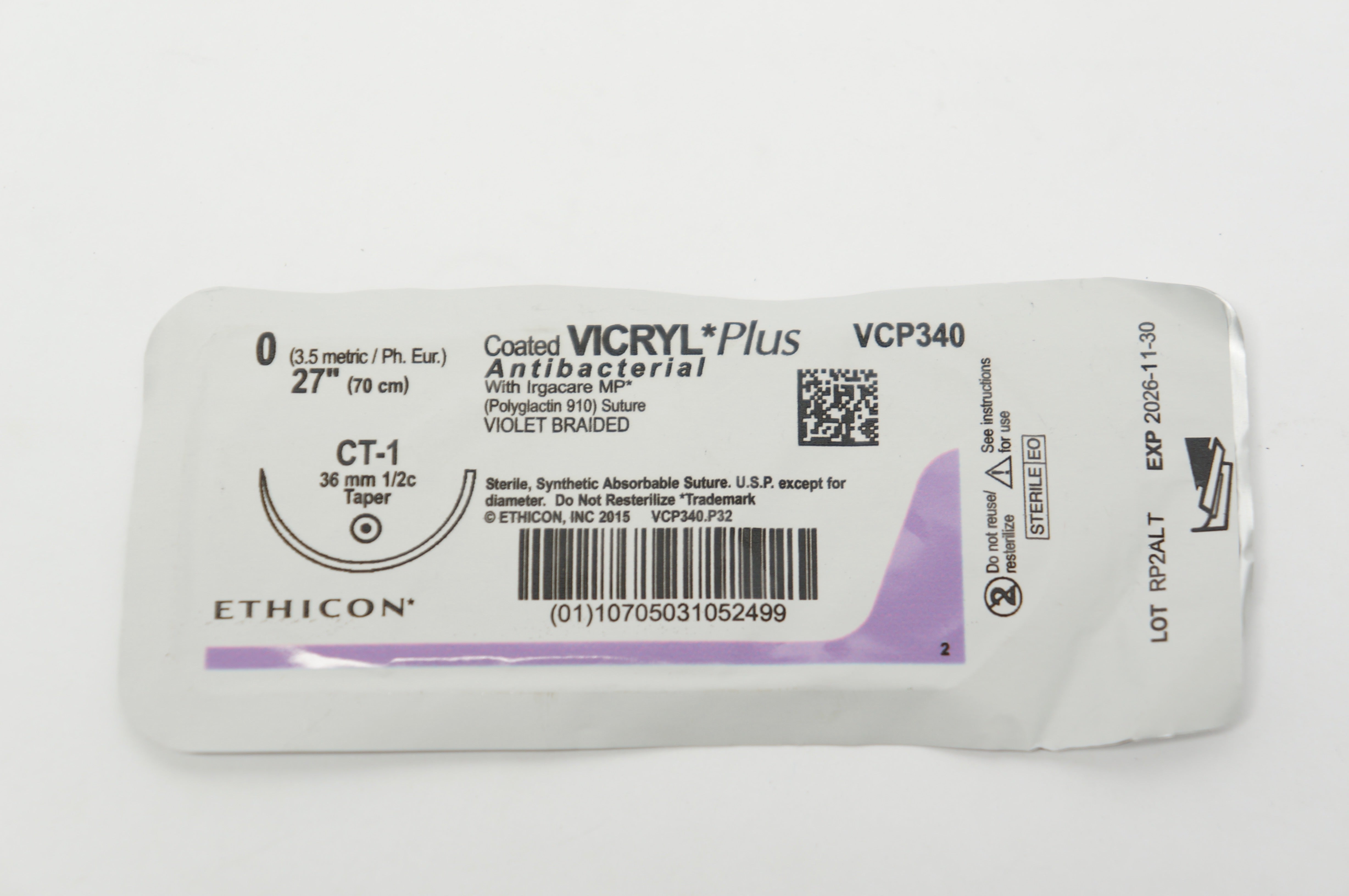 Ethicon VCP340 0 Coated VICRYL Plus Stre, CT-1 36mm 1/2c Taper, 27inch