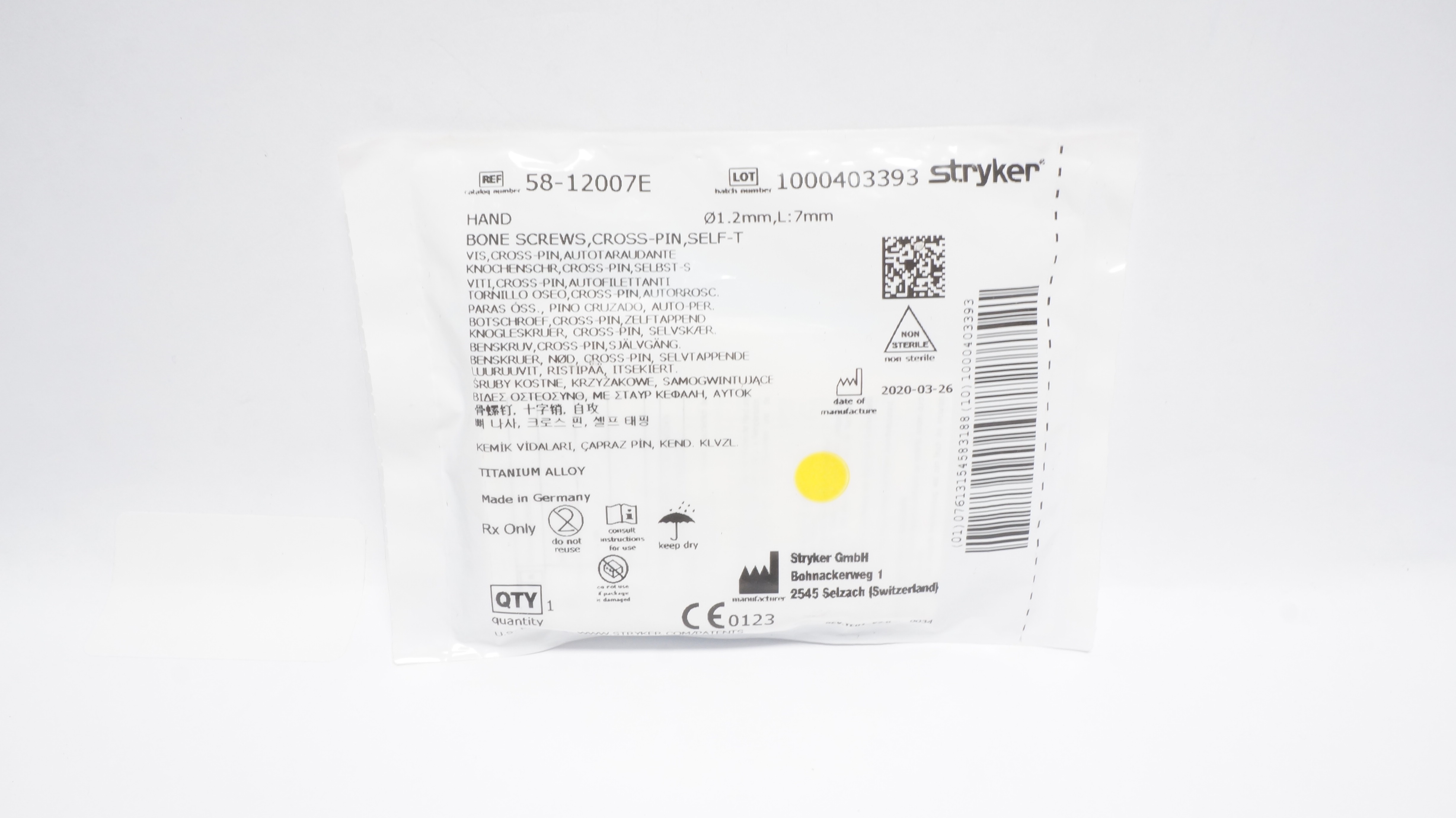 Stryker 58-12007E Hand Bone Screw, Cross-Pin,Self-T 1.2mm x 7mm
