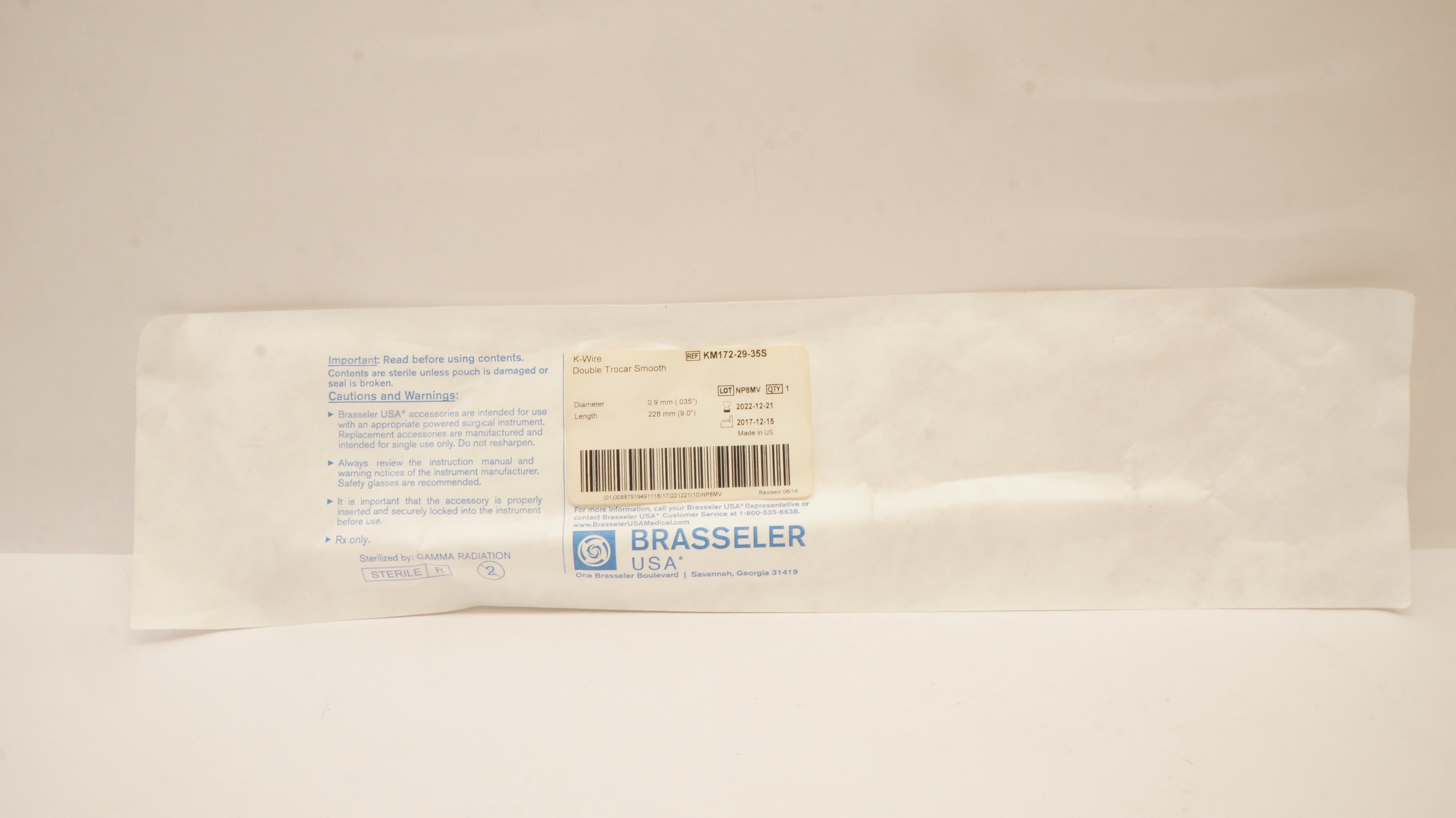 Brasseler KM172-29-35S K-Wire Double Trocar Smooth .035inch x 9.0 inch (x)