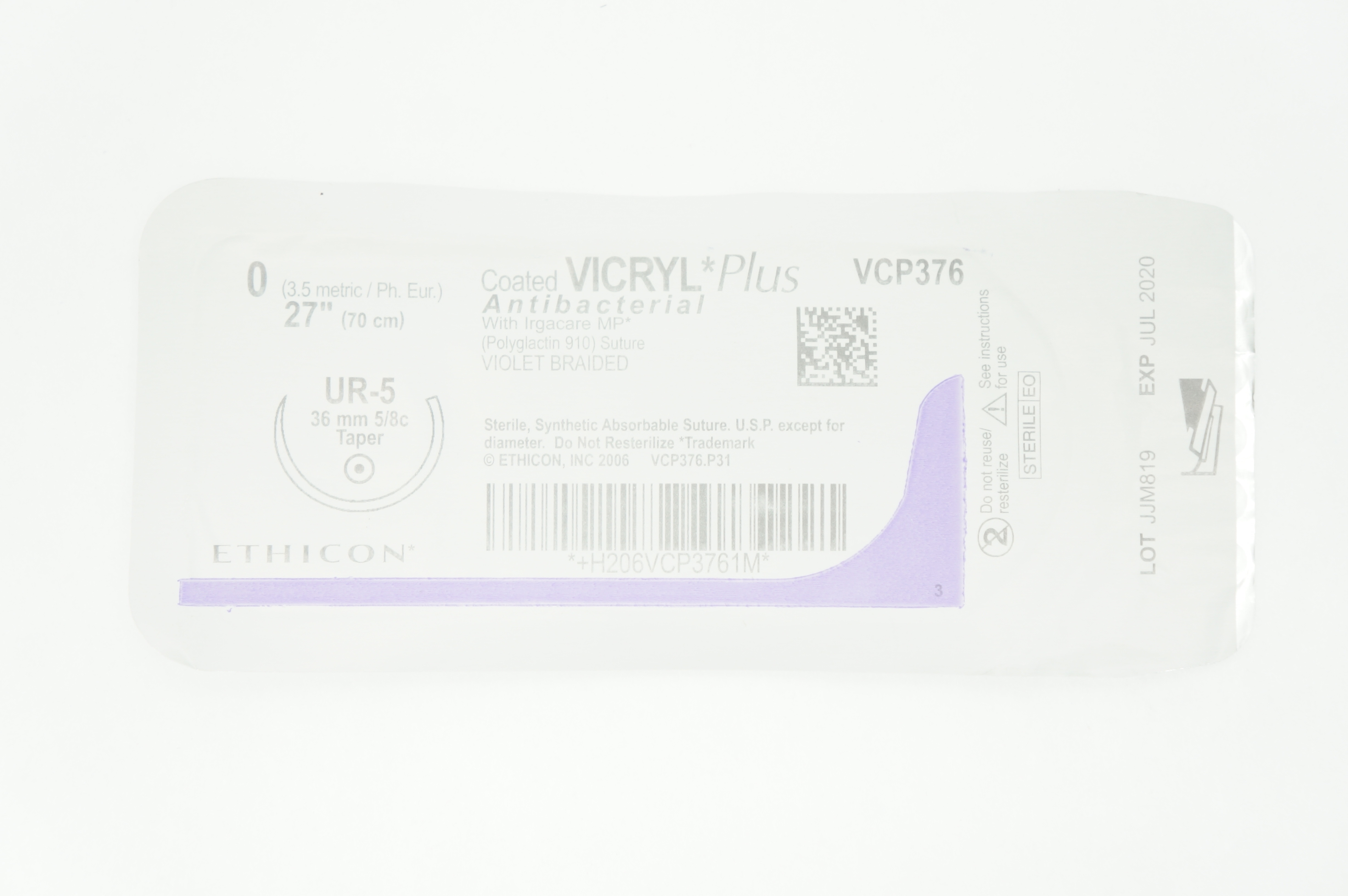 Ethicon VCP376 0 VICRYL Plus UR-5 36mm 5/8c Taper 27inch (x)