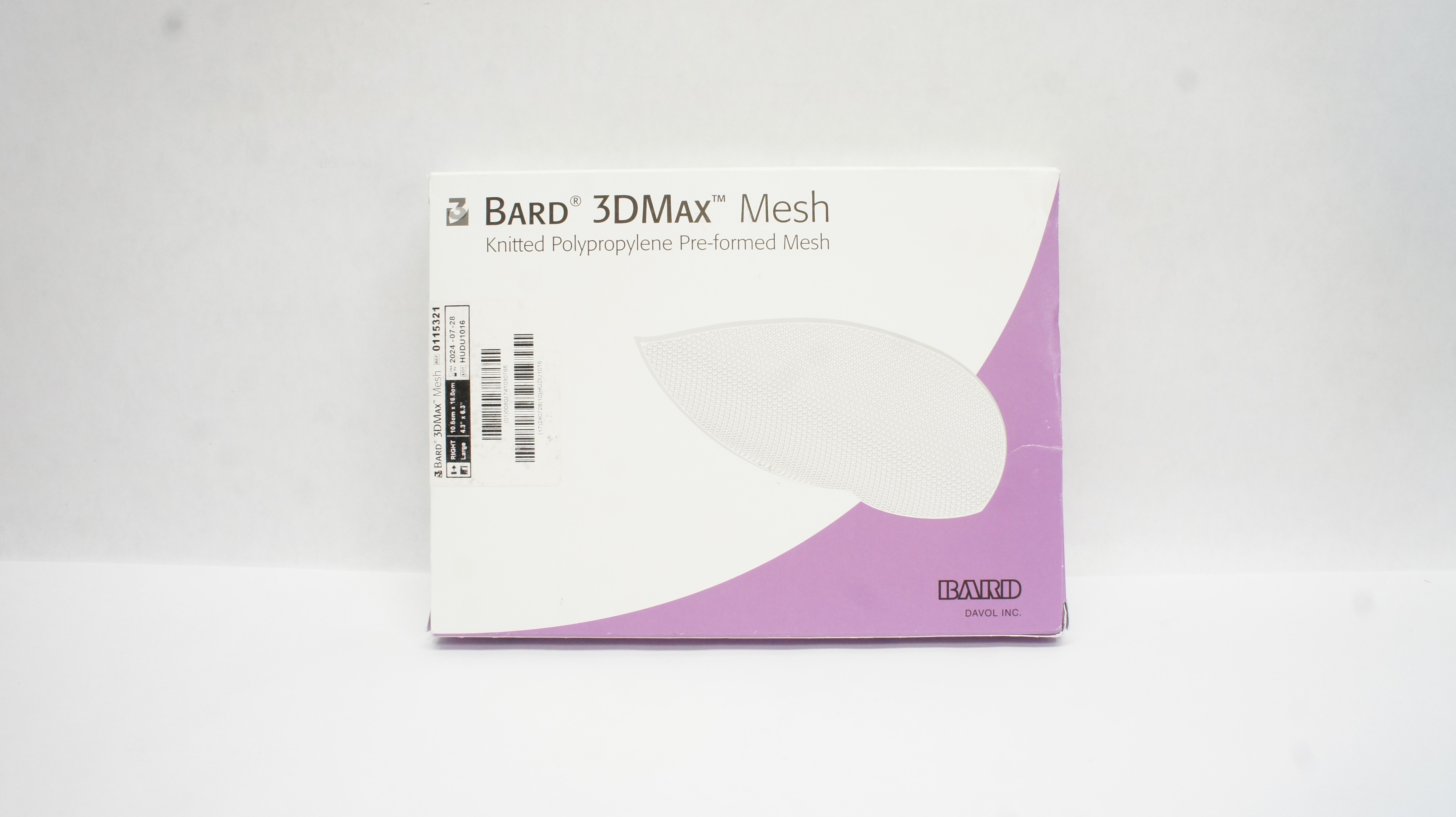 Bard 0115321 3DMax Knitted Polypropylene Pre-formed Mesh Right,L,4.3 x 6.3in.