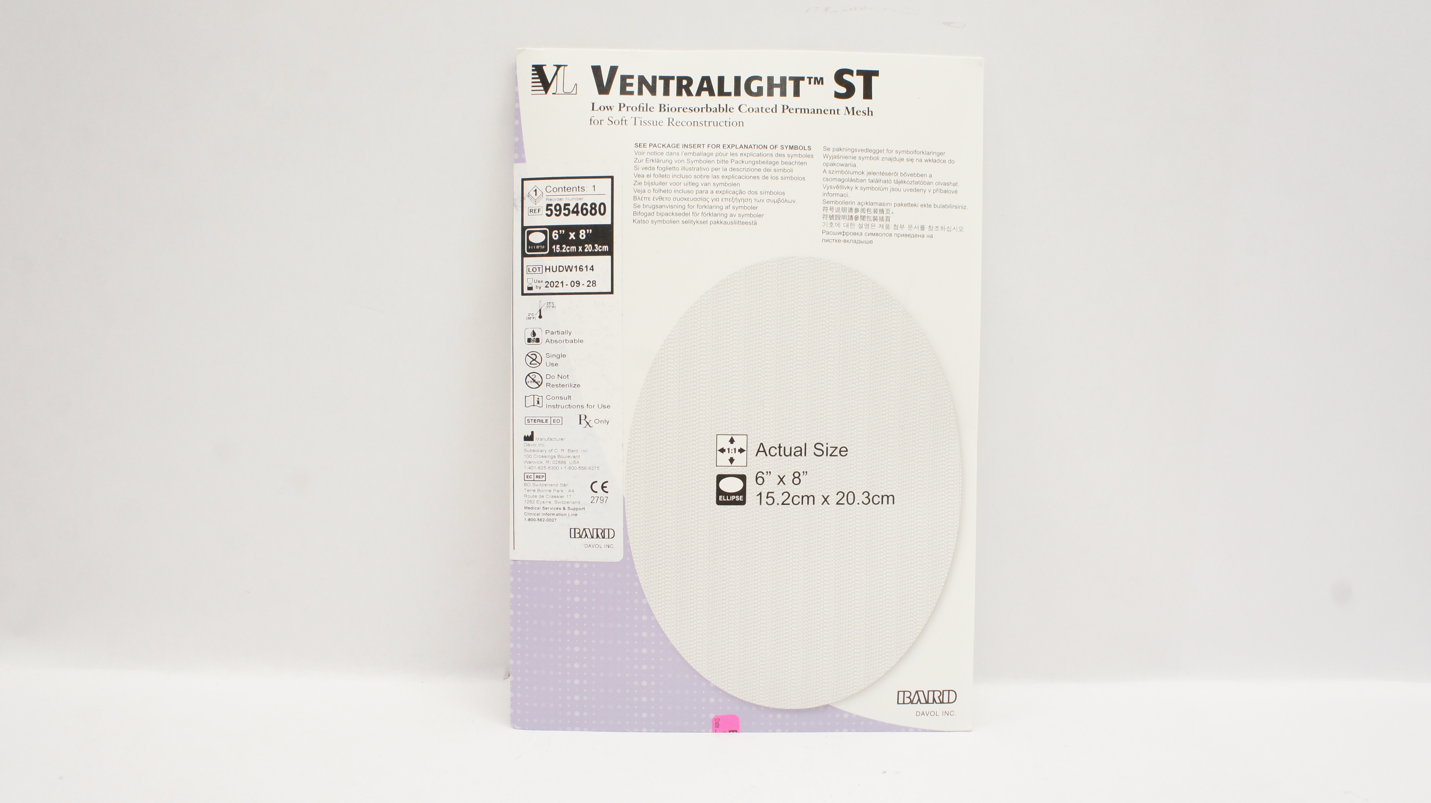 Bard 5954680 Ventralight ST Bioresorbable Coated Permanent Mesh 6 x 8 inch (x)
