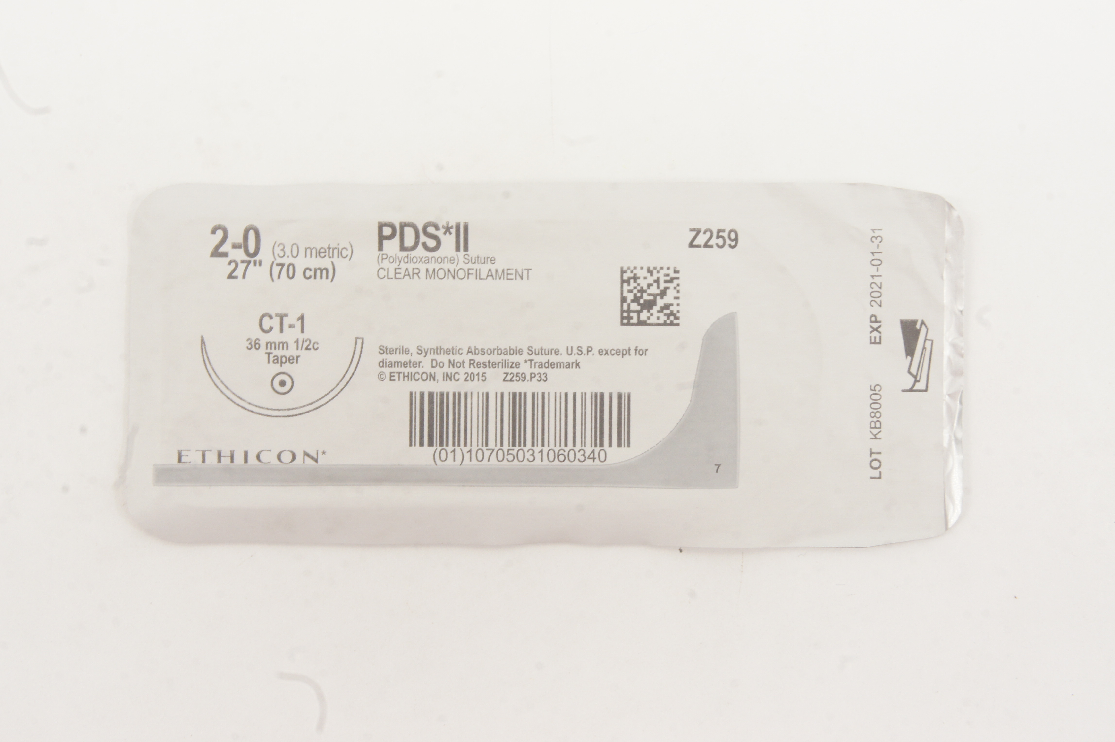 Ethicon Z259 2-0 PDS II CT-1, 36mm 1/2c Taper, 27inch (x)