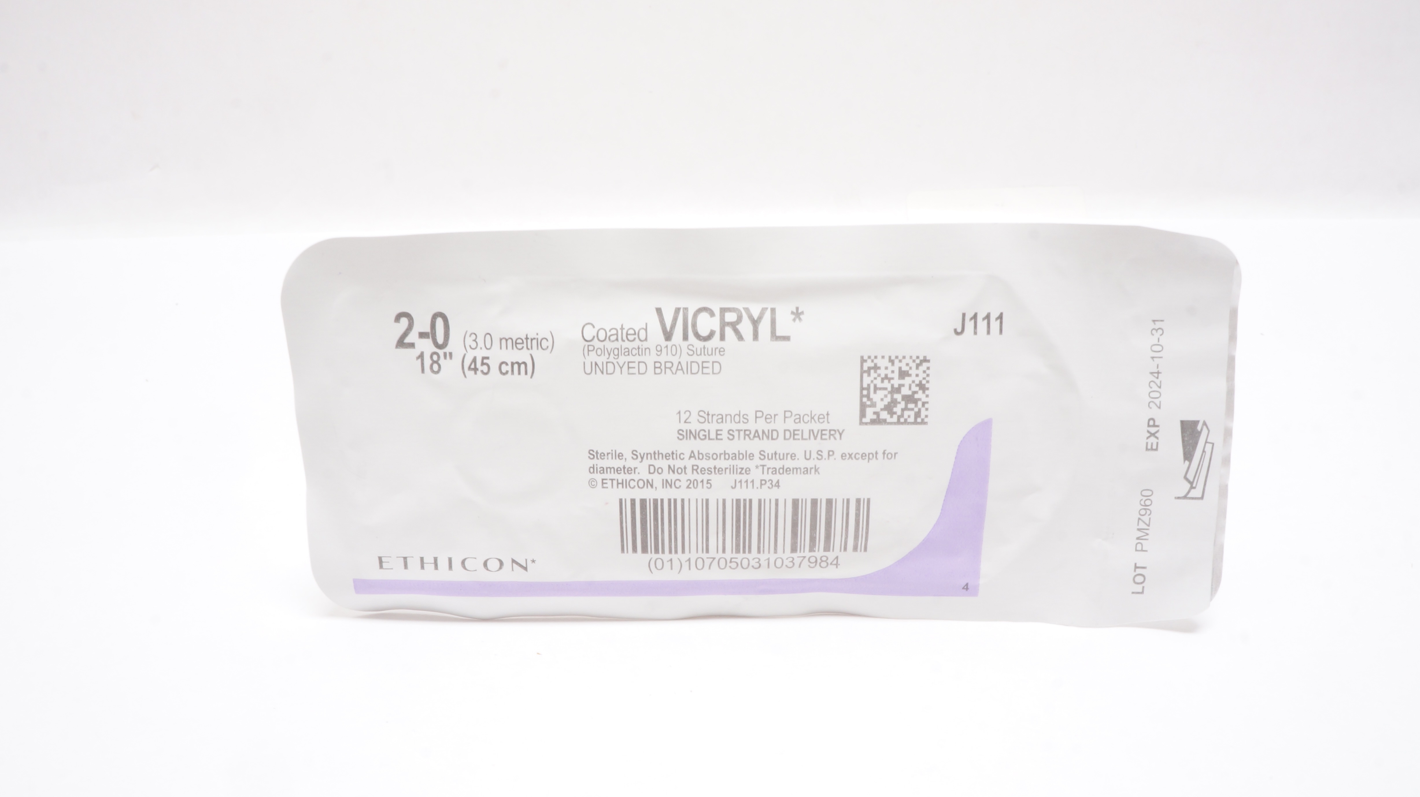 Ethicon J111 2-0 Coated VICRYL Polyglactin 910 Stre Undyed Braided, 18inch
