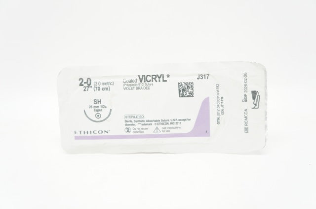 Ethicon J317 2-0 Coated VICRYL SH 26mm 1/2c Taper 27inch