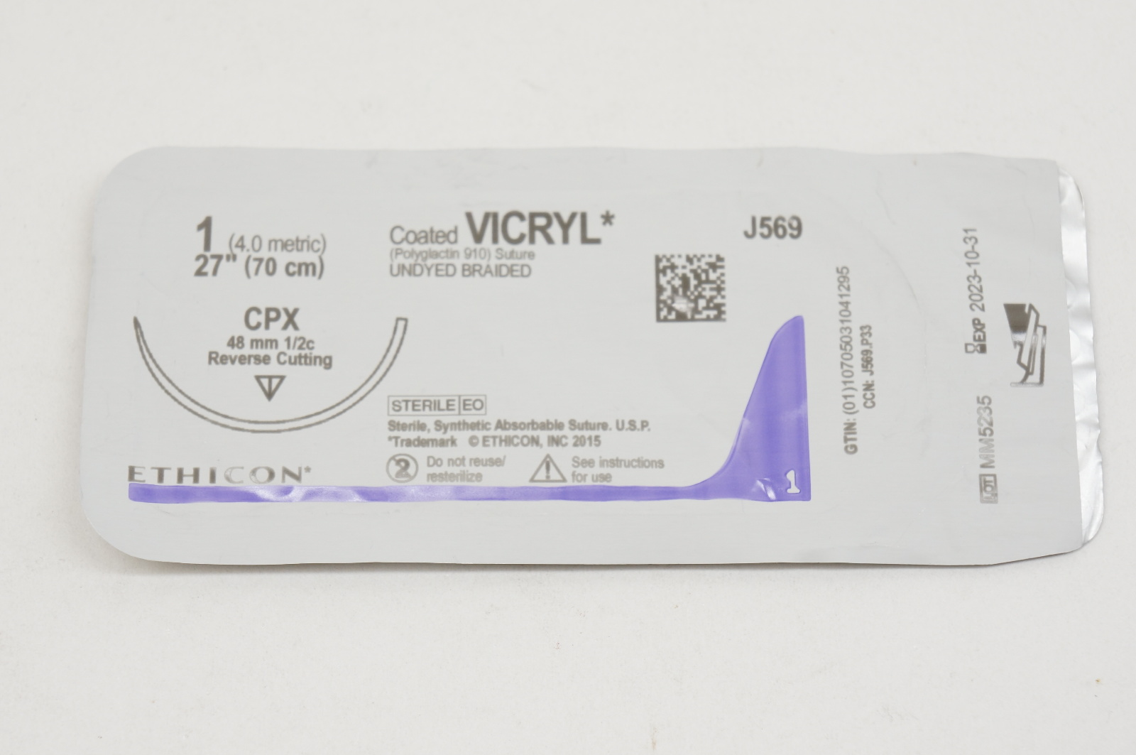 Ethicon J569 1 VICRYL, CPX, 48mm 1/2c Reverse Cutting, 27inch
