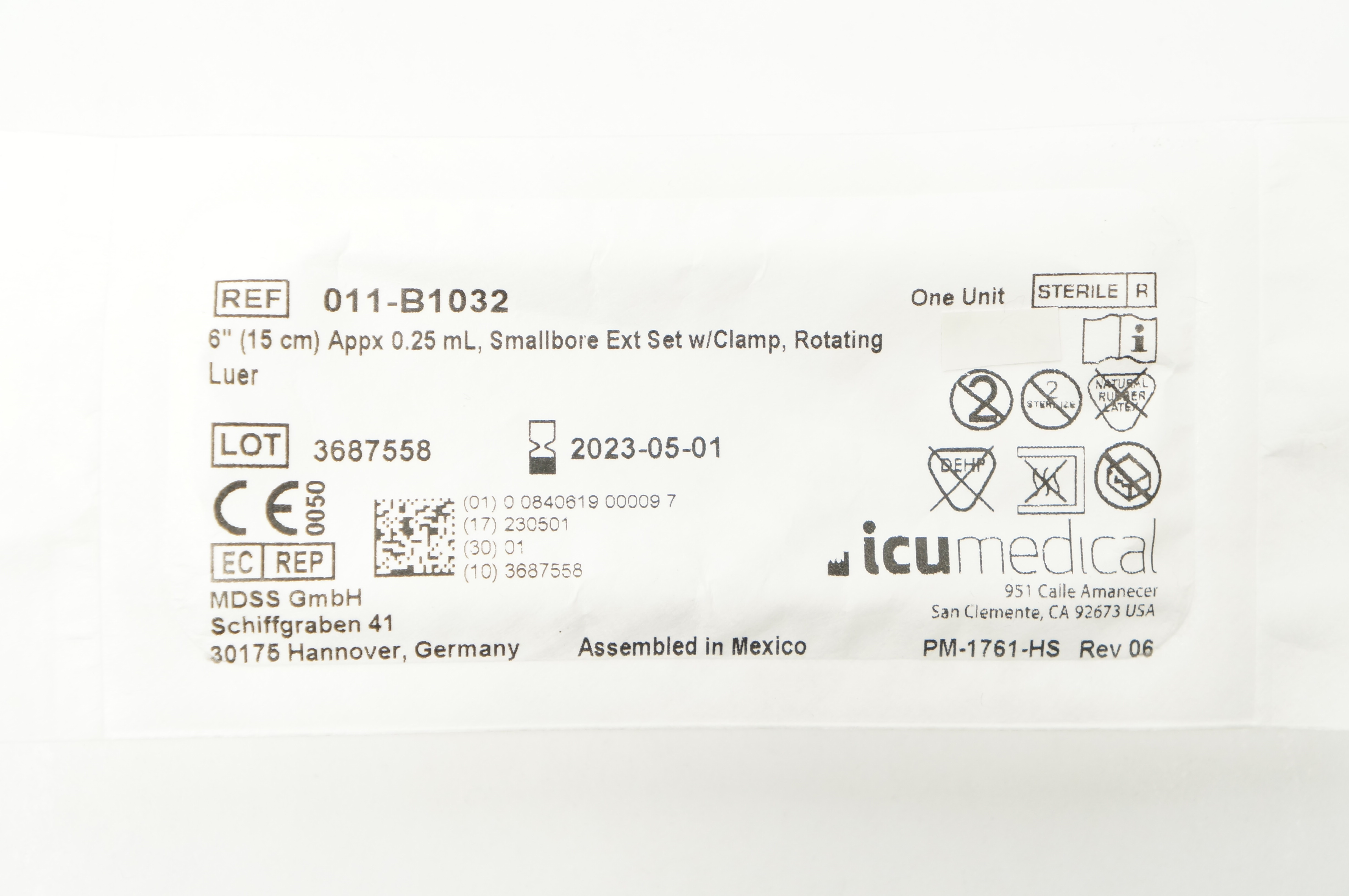 ICU Medical 011-B1032 Smallbore Extension Set 6 inch Appx. 0.25mL