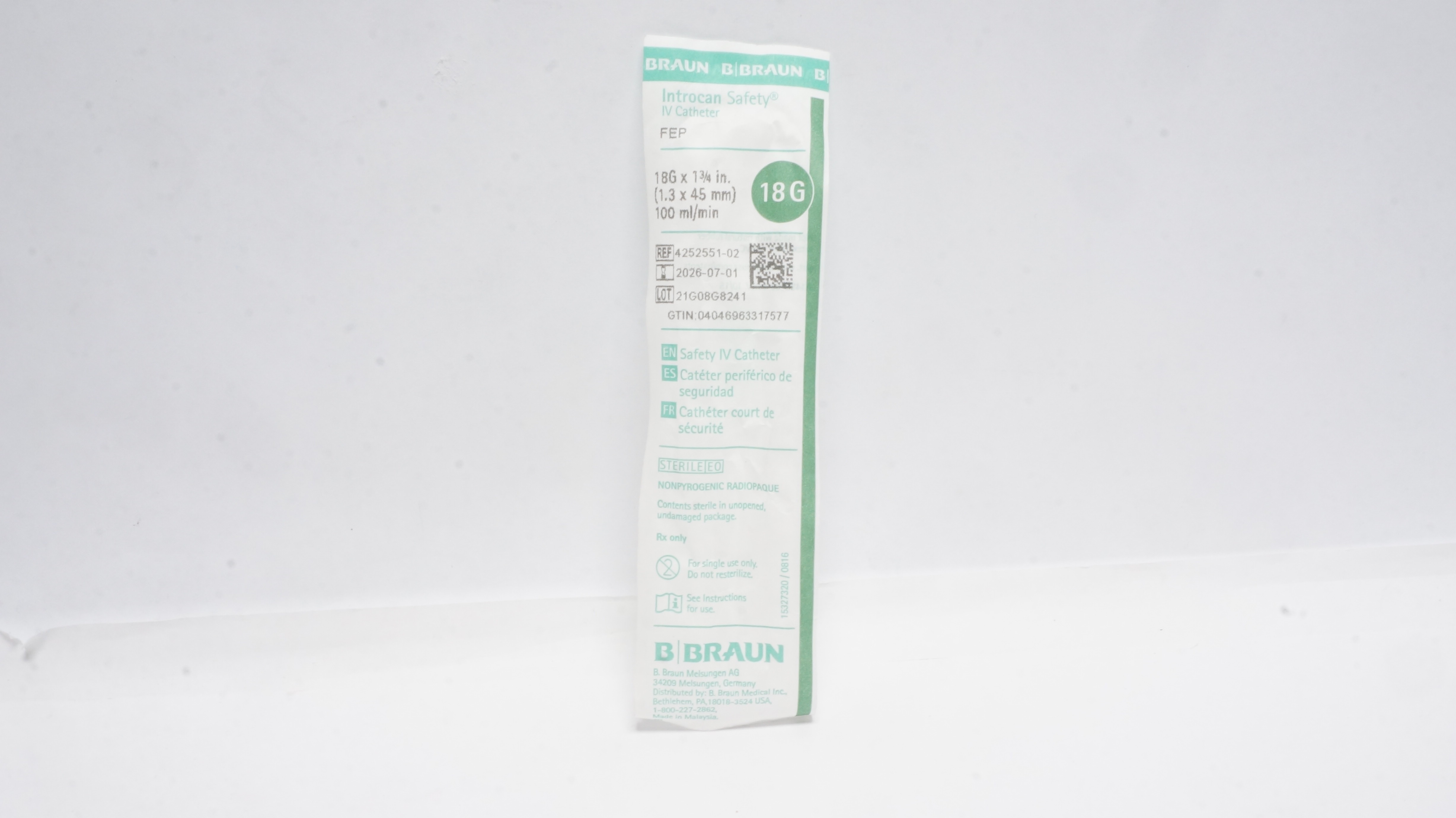 Braun 4252551-02 Introcan Safety IV Cath. 18G x 1 3/4inch 100ml/min