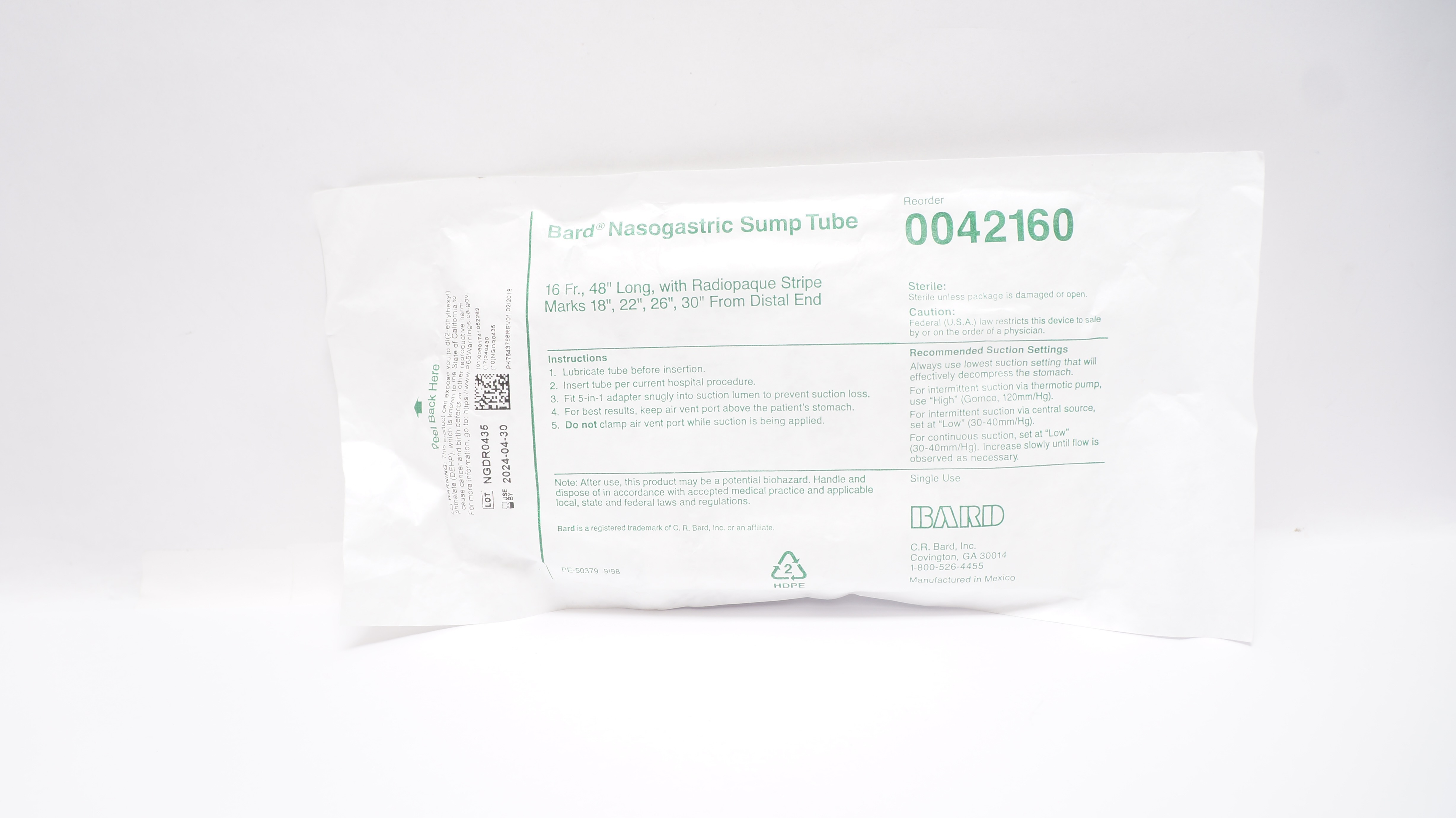 Bard 0042160 Nasogastric Sump Tube with Radiopaque Stripe Marks 16Fr x 48inch