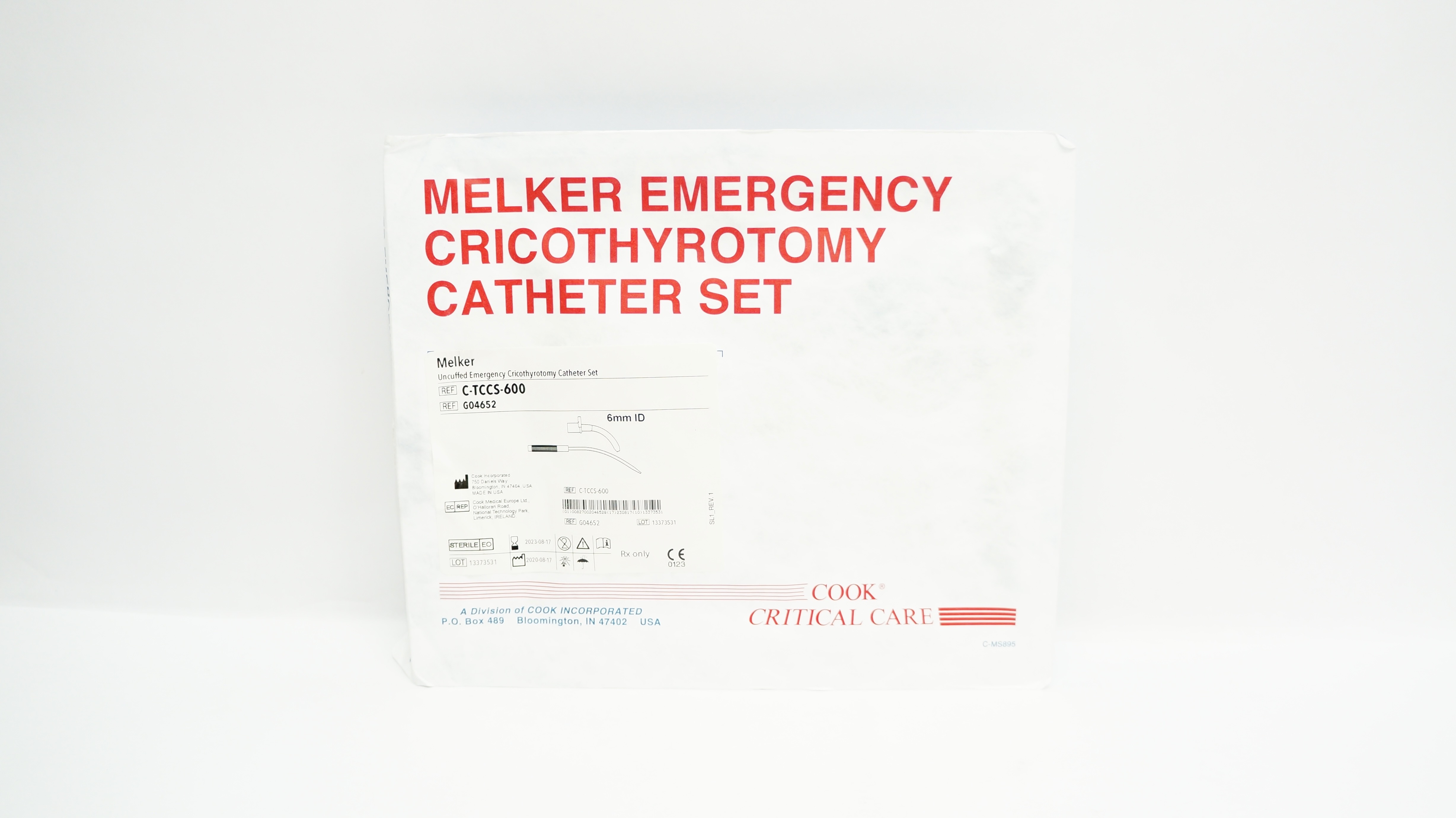 Cook Medical G04652 Melker Uncuffed Emergency Cricothyrotomy Cath. Set 6mm ID(x)
