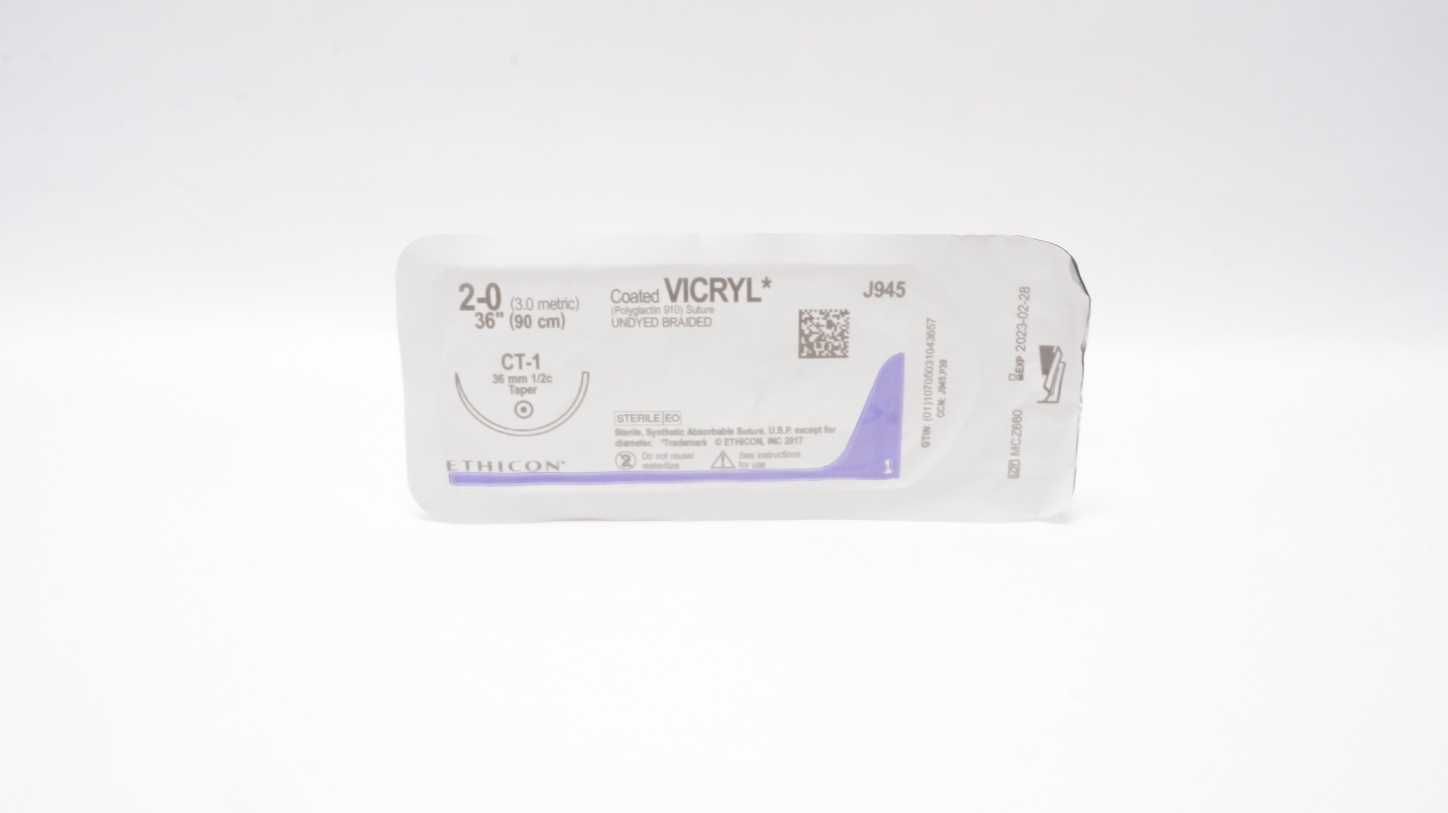 Ethicon J945 2-0 Coated VICRYL Braided Stre CT-1 36mm 1/2c Taper, 36inch (x)
