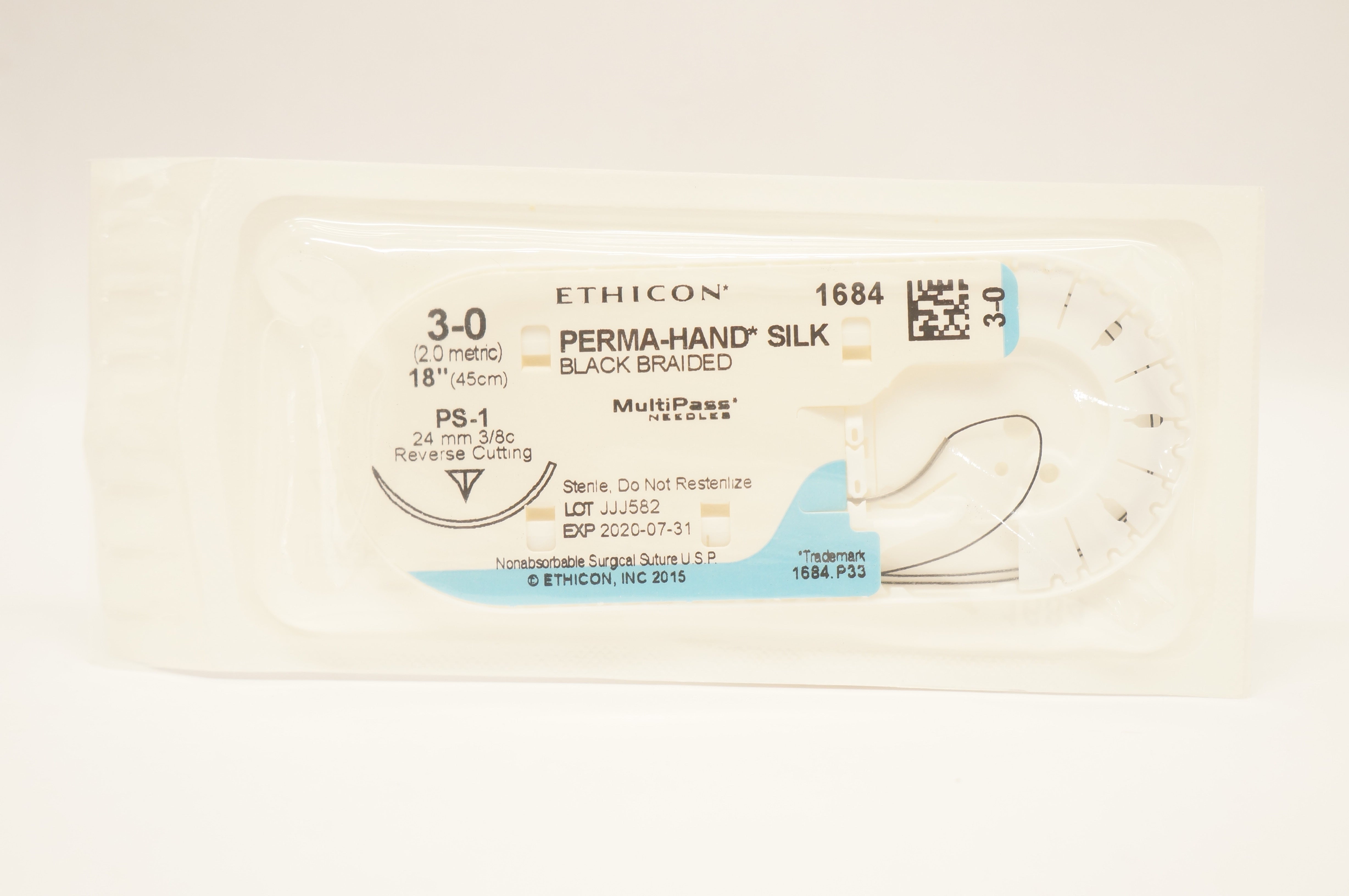 Ethicon 1684 3-0 Perma-Hand Silk PS-1 24mm 3/8c Reverse Cutting, 18inch (x)