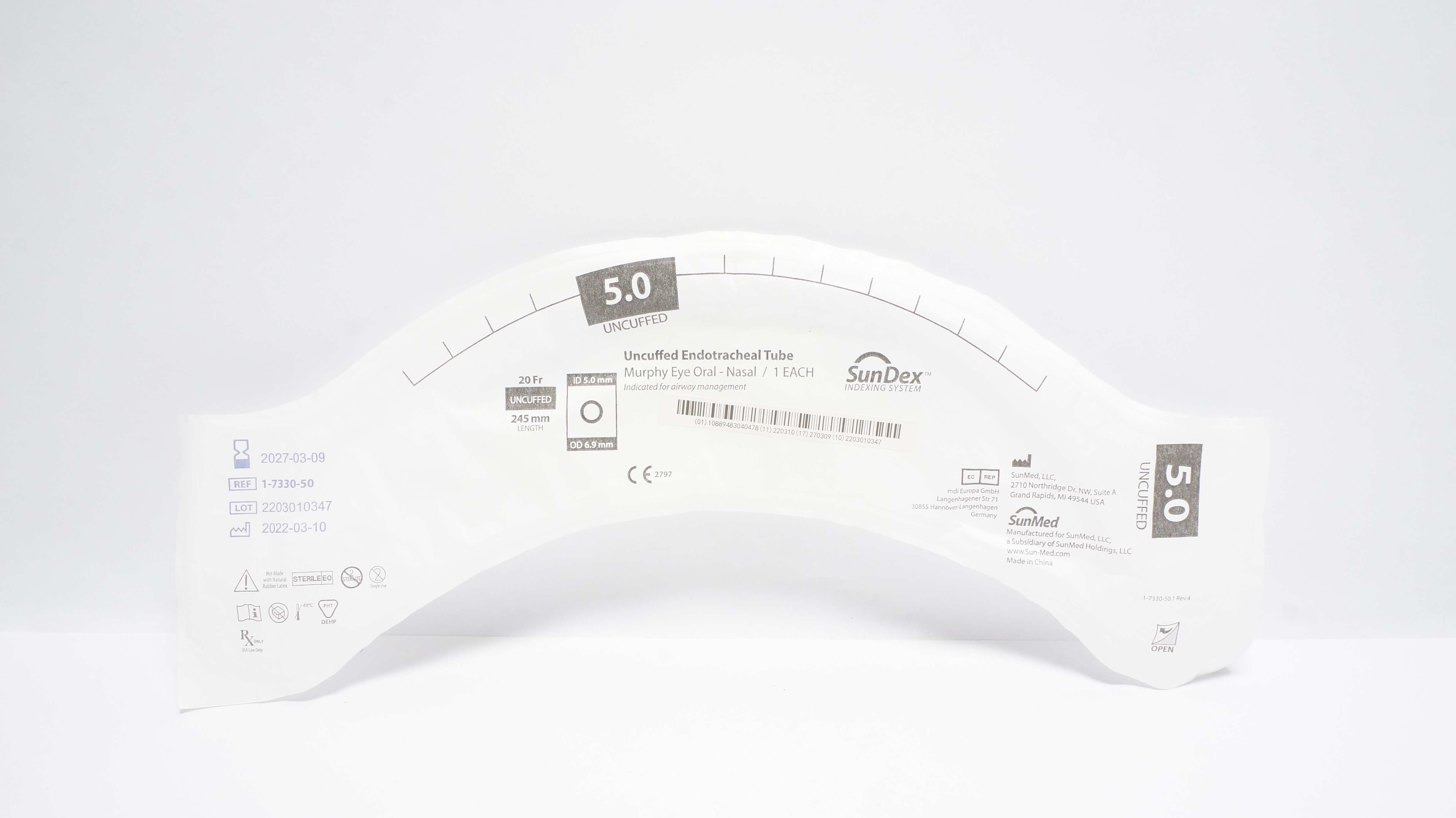 SunMed 1-7330-50 SunDex 5.0 Uncuffed Endotracheal Tube 20Fr x 245mm