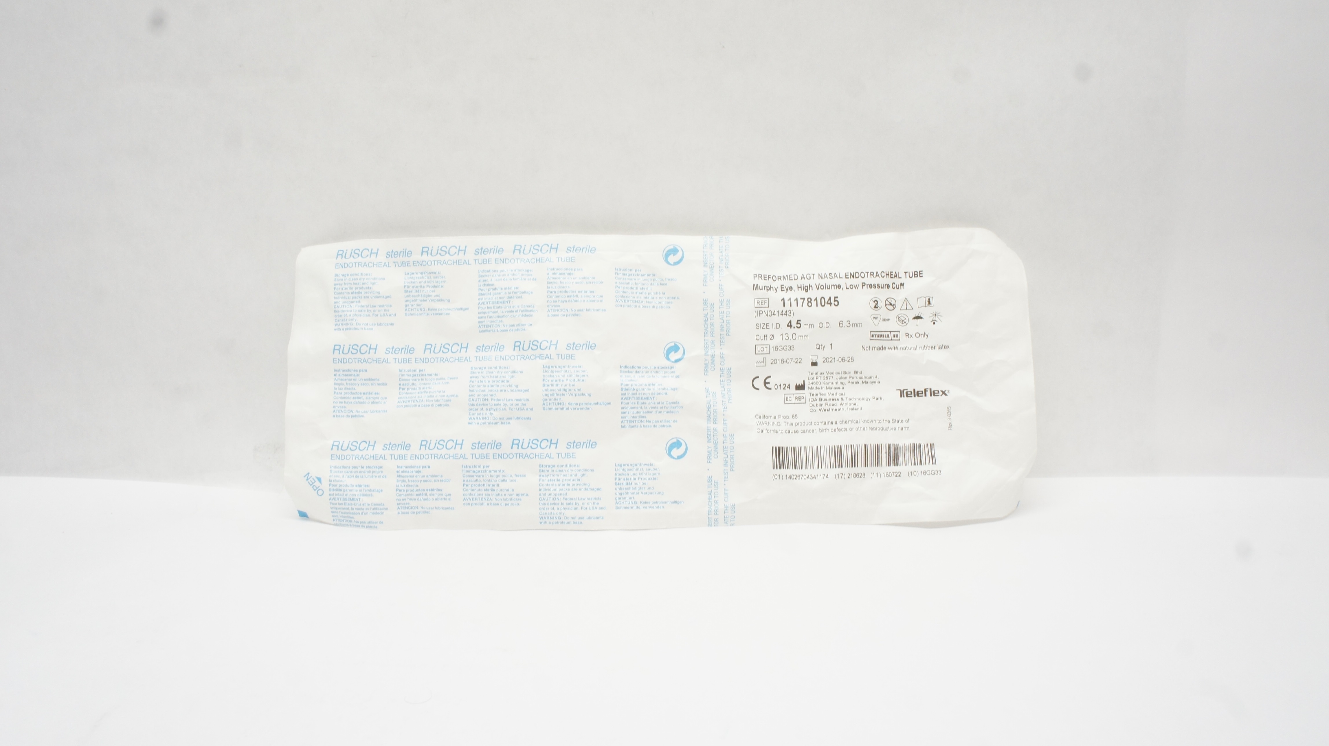 Teleflex 111781045 Preformed Agt Nasal Endotracheal Tube 4.5mmID x 6.3mmOD (x)