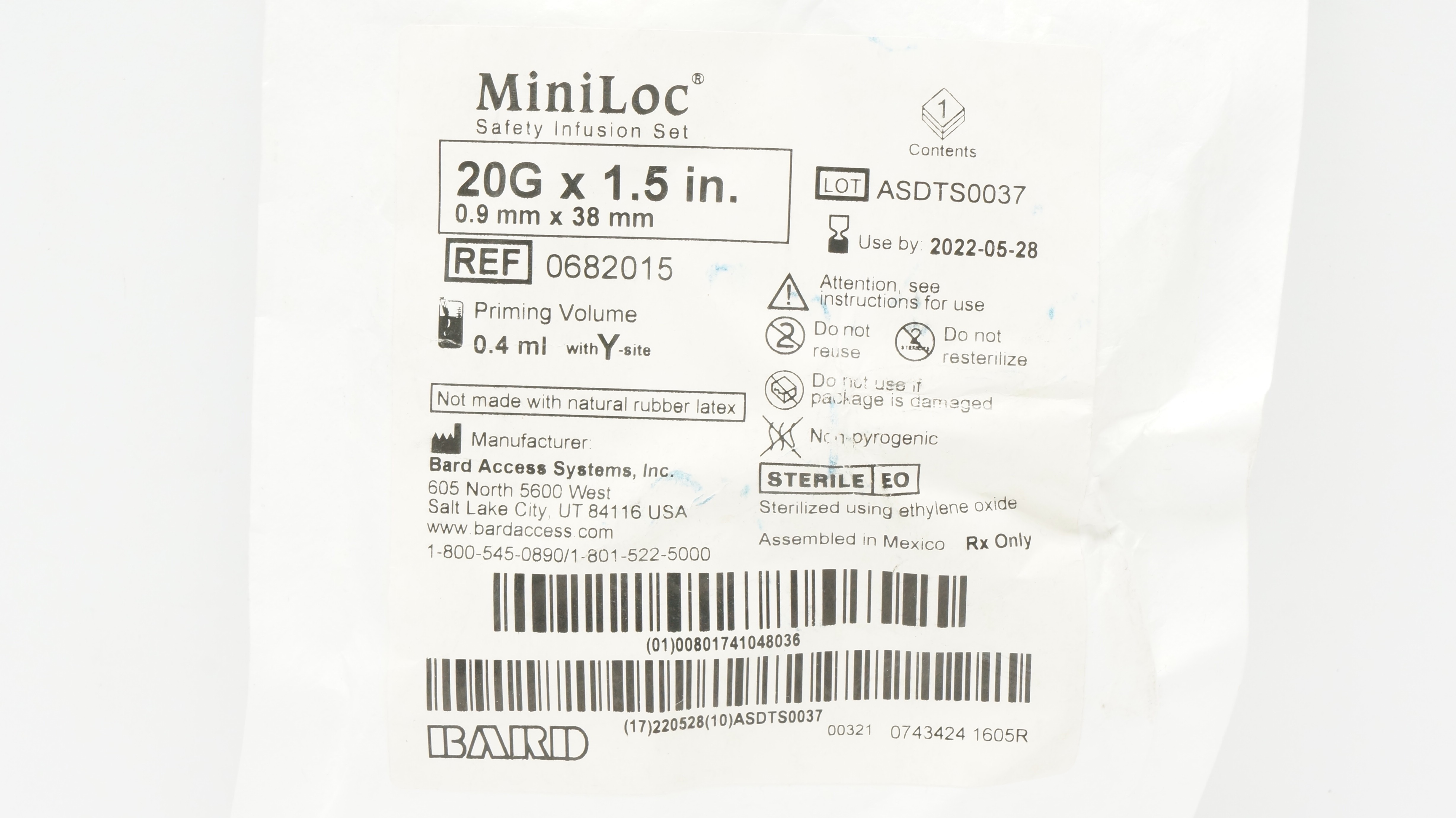 Bard 0682015 MiniLoc Safety Infusion Set 20G x 1.5inch, Priming Volume 0.4mL (x)