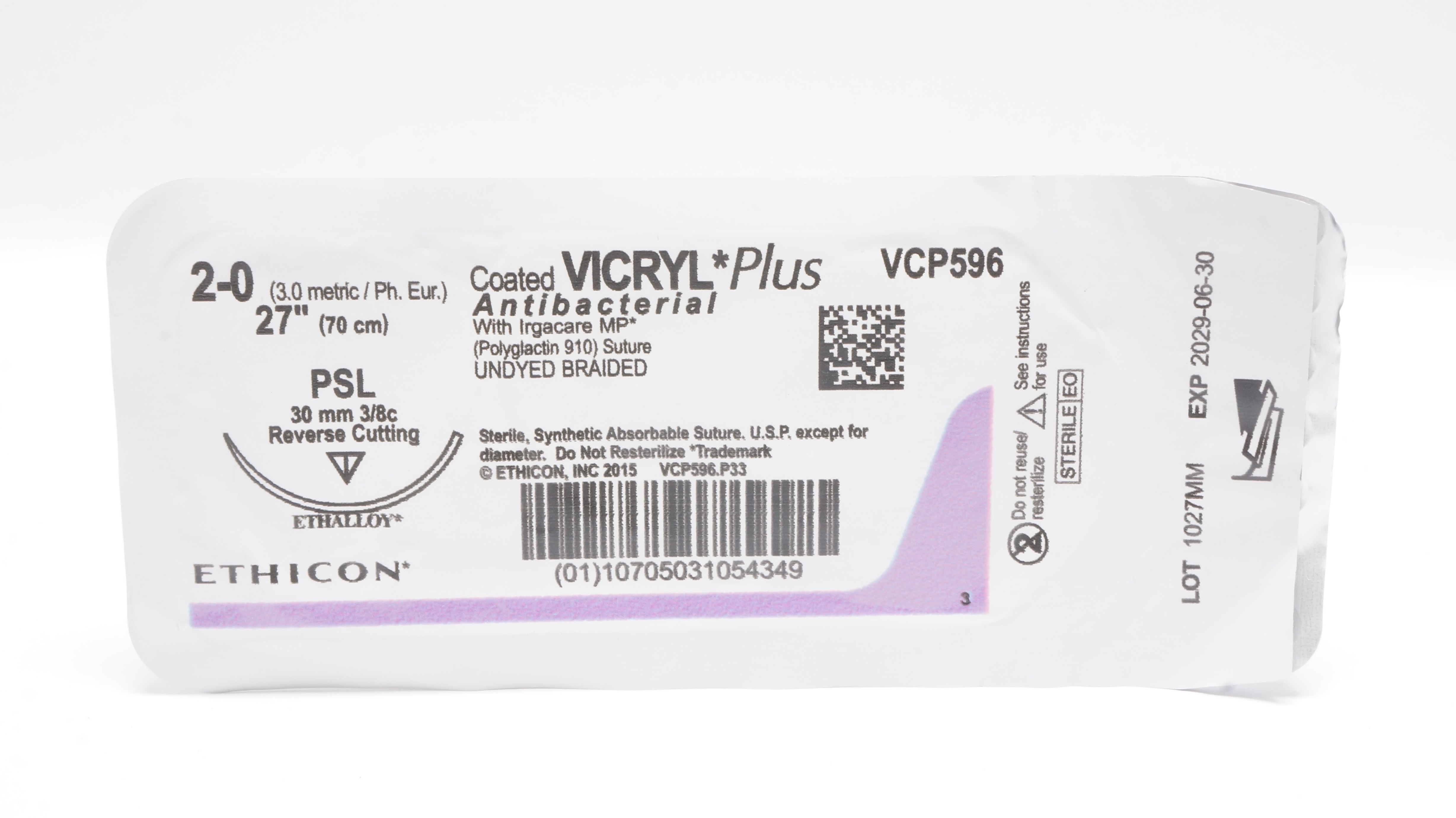 Ethicon VCP596 2-0 Coated Vicryl Stre PSL 30mm 3/8c Reverse Cutting, 27inch