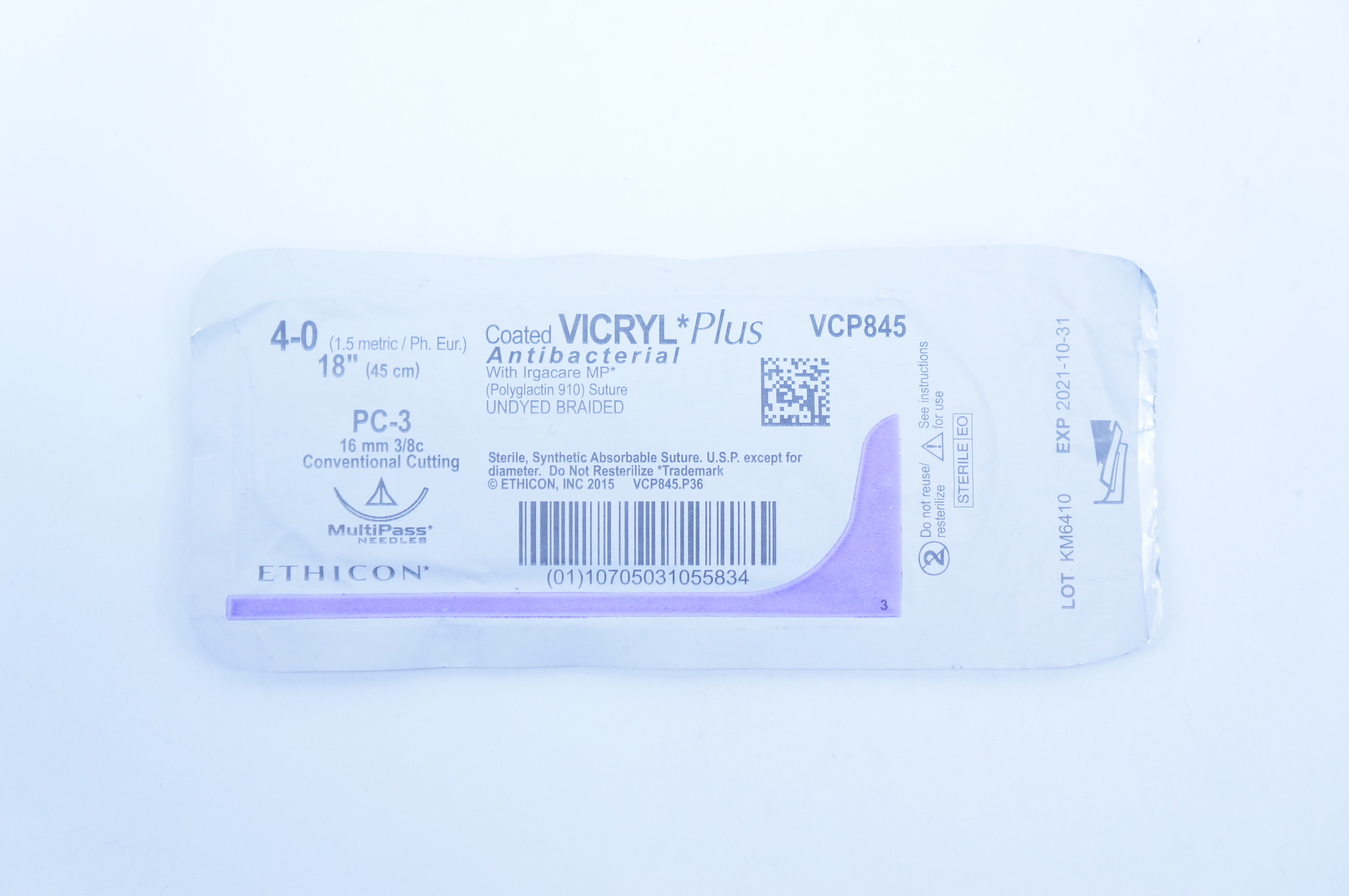 Ethicon VCP845 4-0 Vicryl, PC-3, Antibacterial Stre. 18inch