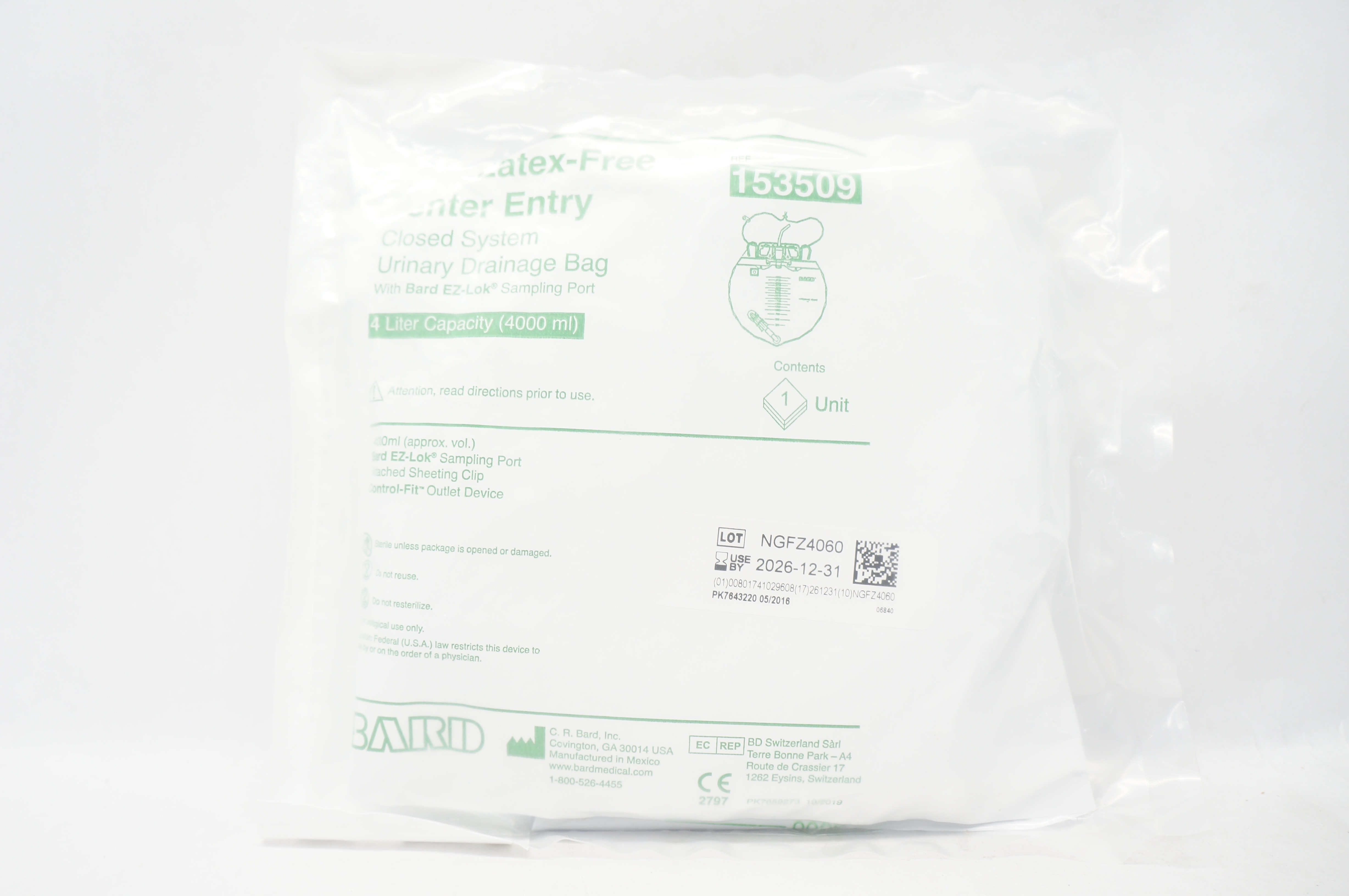 Bard 153509 Ceneter Entry Closed System Urinary Drainage Bag 4000 ml