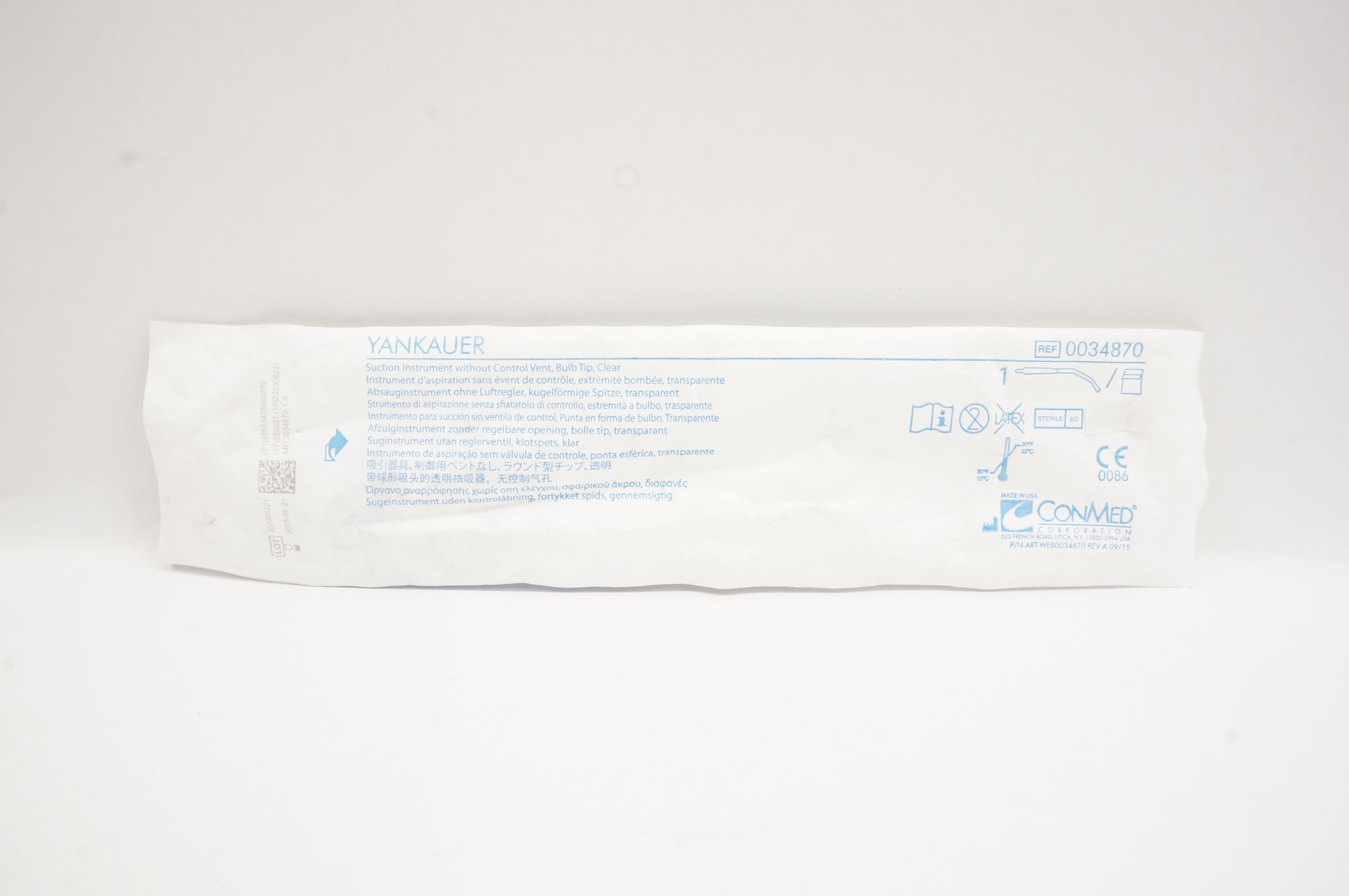 ConMed 0034870 Yankauer Suction Instrument No Control Vent Bulb Tip Clear