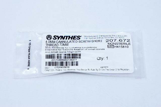 Synthes 207.672 4.0mm Cannulated Screw Short Thread 72mm